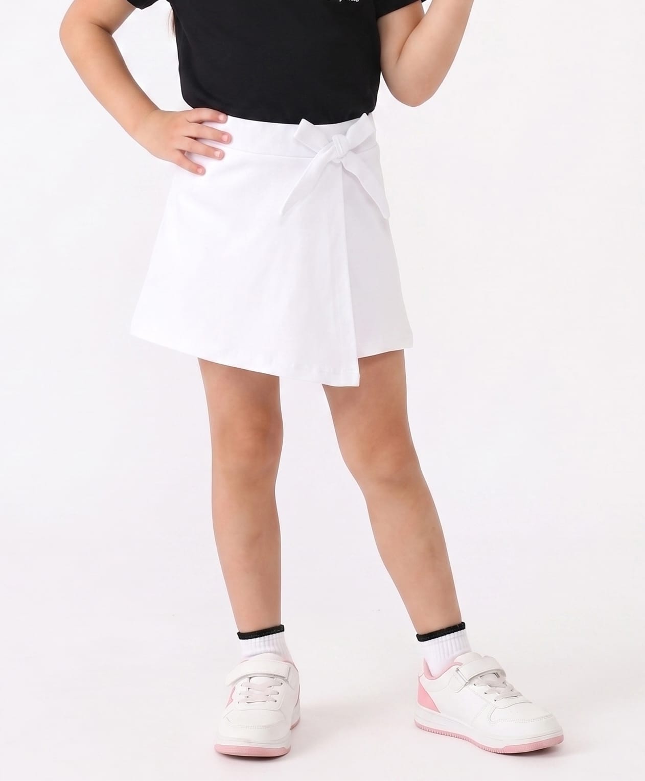 CrayonFlakes Cotton Lycra Knit Solid & Bow Detailed Flapped Skort - White-picture-23