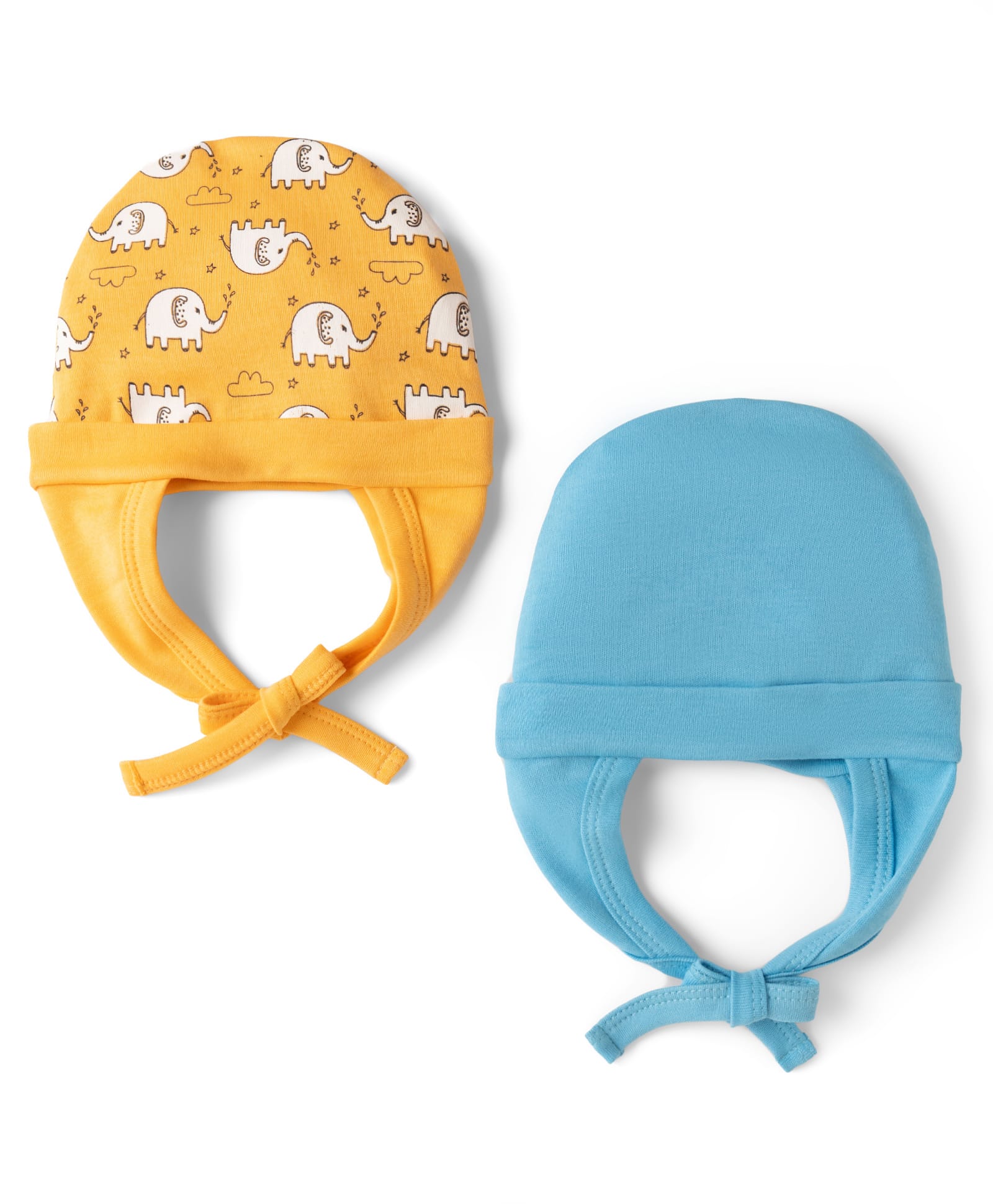 Doodle Poodle 100% Cotton Interlock Knit Elephant Printed Caps With Tie Up Pack of 2 Buff Orange/Baltic Sea Aqua - Diameter 16 cm-image-40