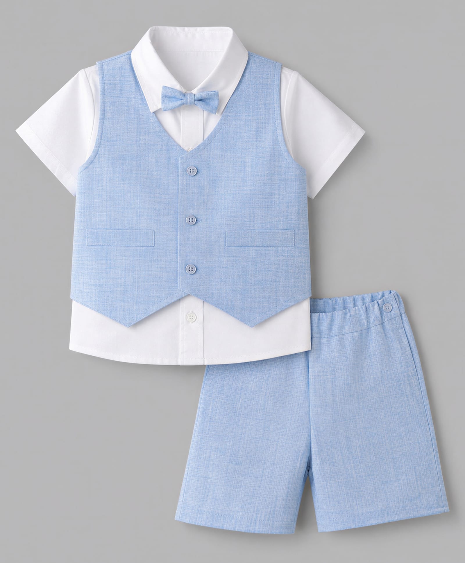 Babyhug Woven Half Sleeves Solid Colour 3 Piece Party Suit With Bow - Light Blue-image-39