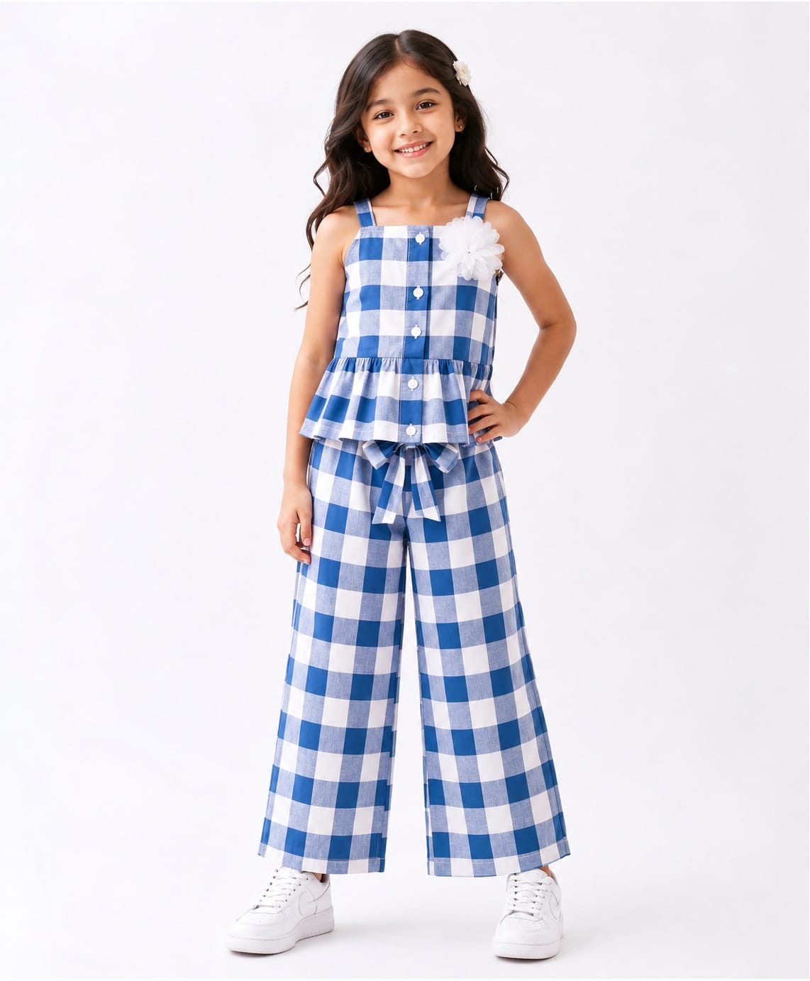 CrayonFlakes Rayon Knit Sleeveless Checked Coordinating Top & Belted Palazzo Set with Floral Applique - Pink-picture-29