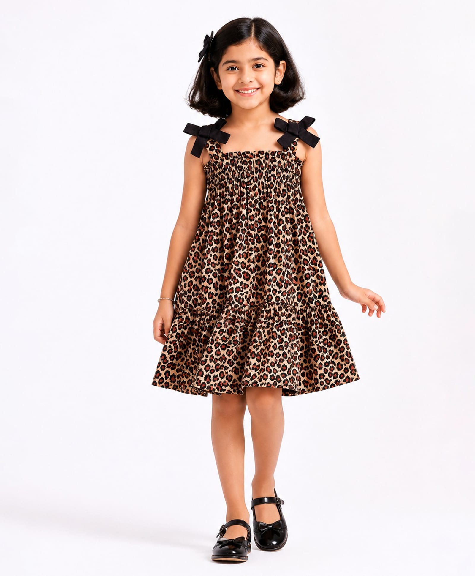 CrayonFlakes Rayon Knit Sleeveless Leopard Printed Frock With Bow Applique - Brown-image-19