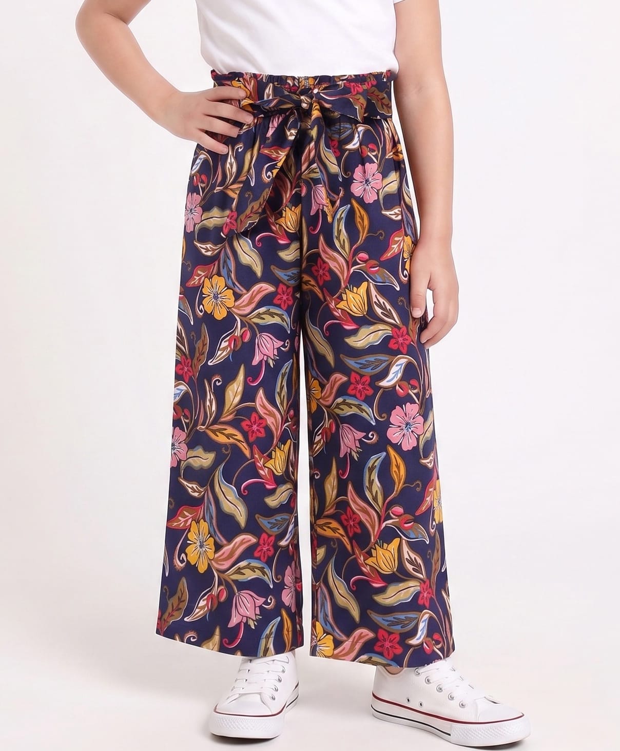 CrayonFlakes Knit Full Length Floral Printed Belted Palazzo - Navy Blue-picture-26