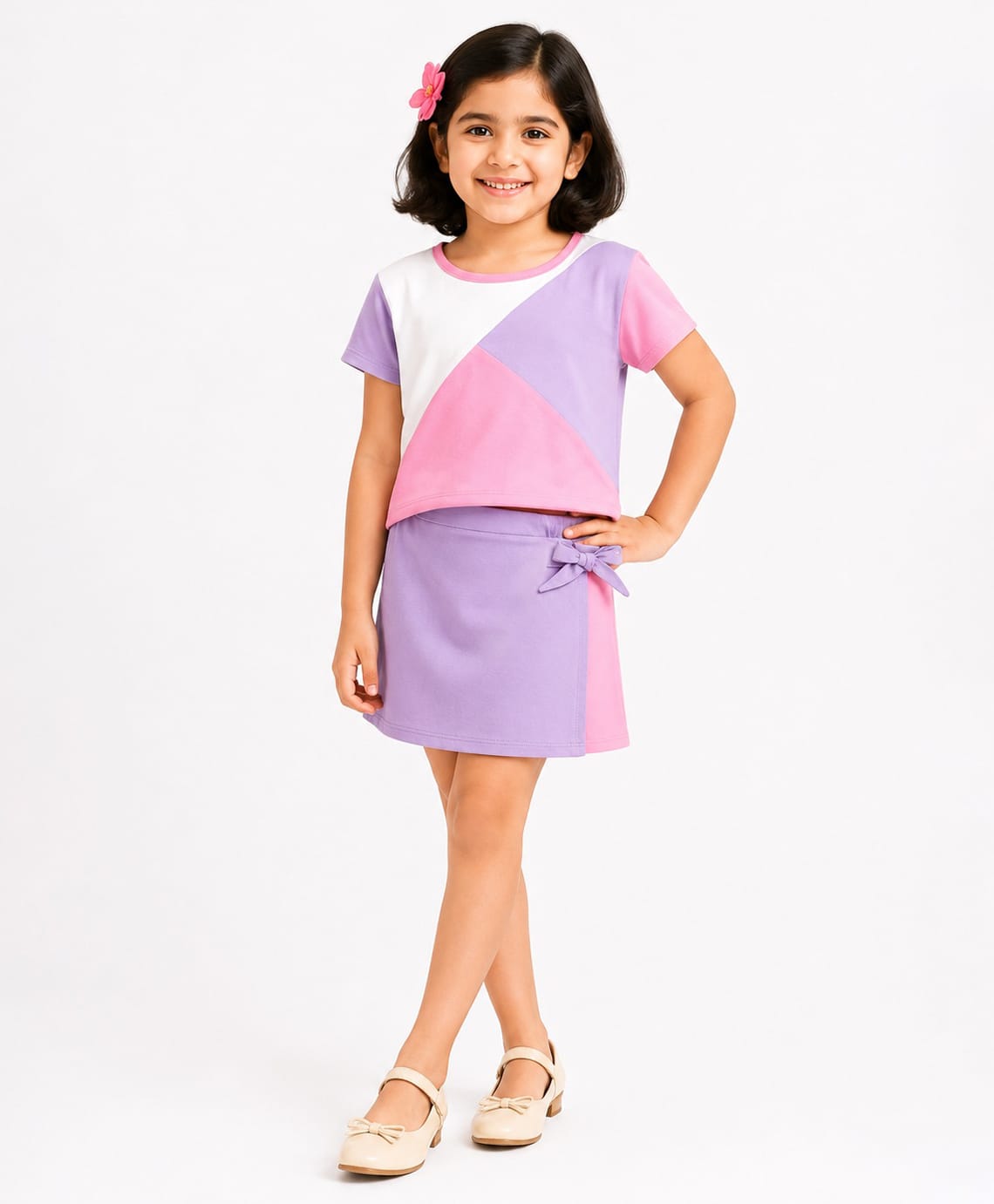 CrayonFlakes Cotton Knit Half Sleeves Cut & Sew Top & Skort Set - Purple-image-47
