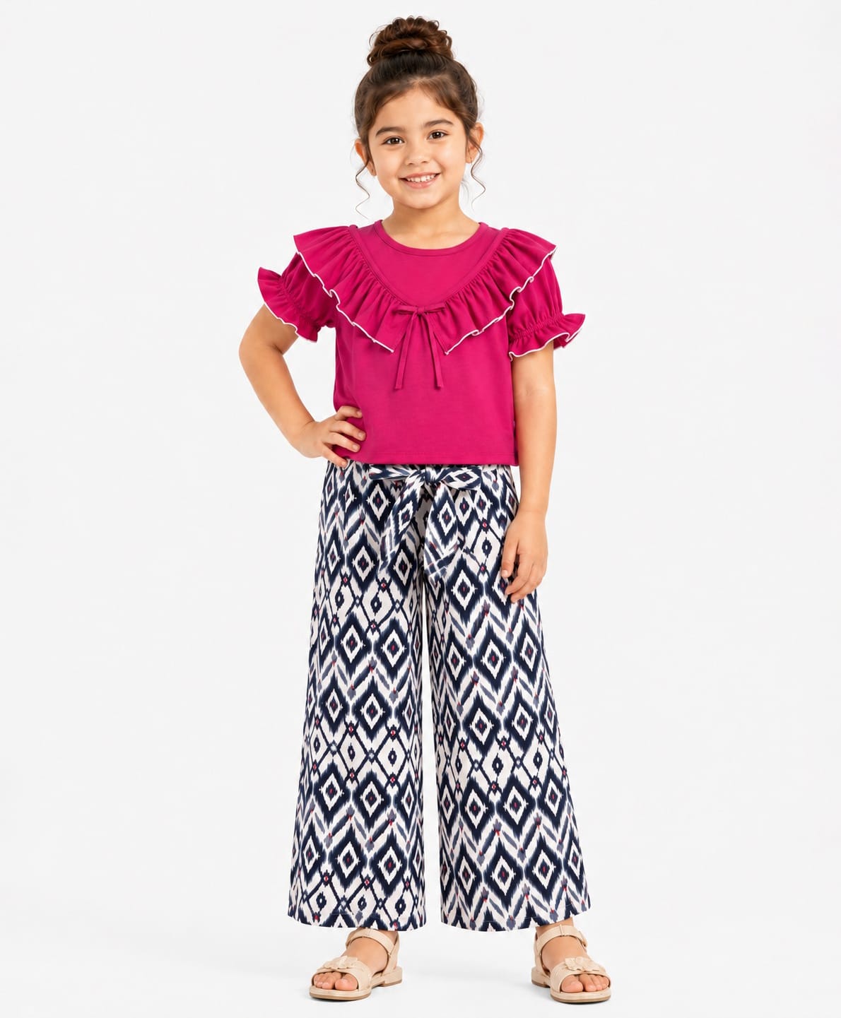 CrayonFlakes Cotton Lycra Knitted Half Sleeves Frill Detailed Top & Palazzo With Ikat Print - Pink-picture-13
