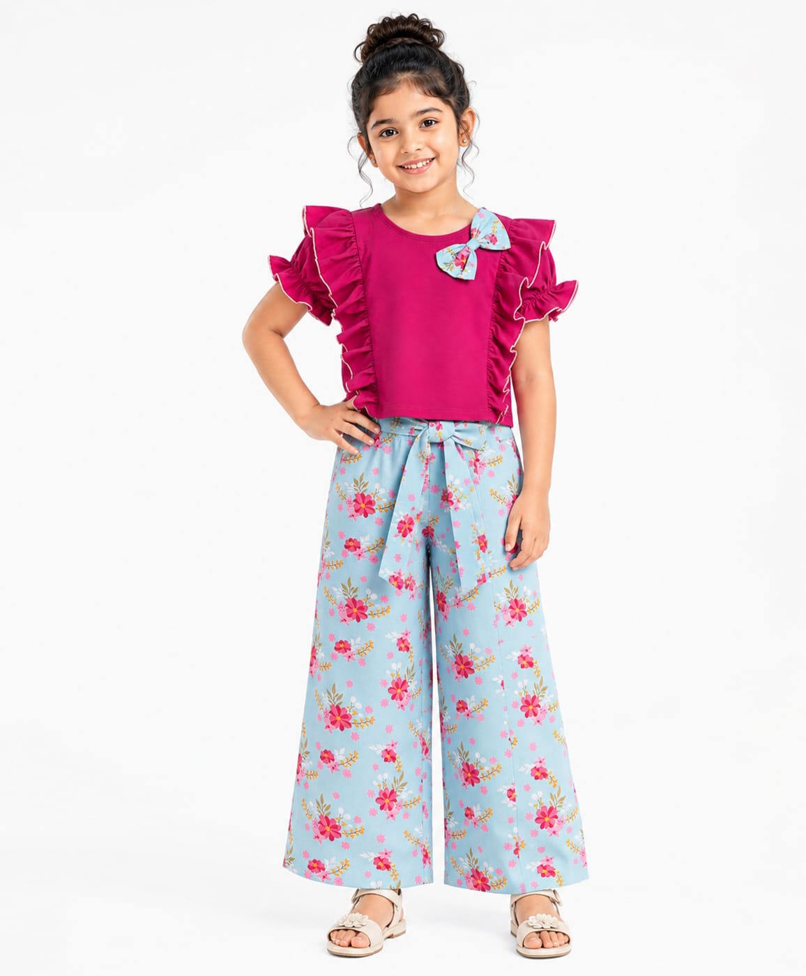 CrayonFlakes Cotton Lycra Knit Half Sleeves Bow Applique Top & Belted Palazzo Set With Floral Print - Pink-picture-12