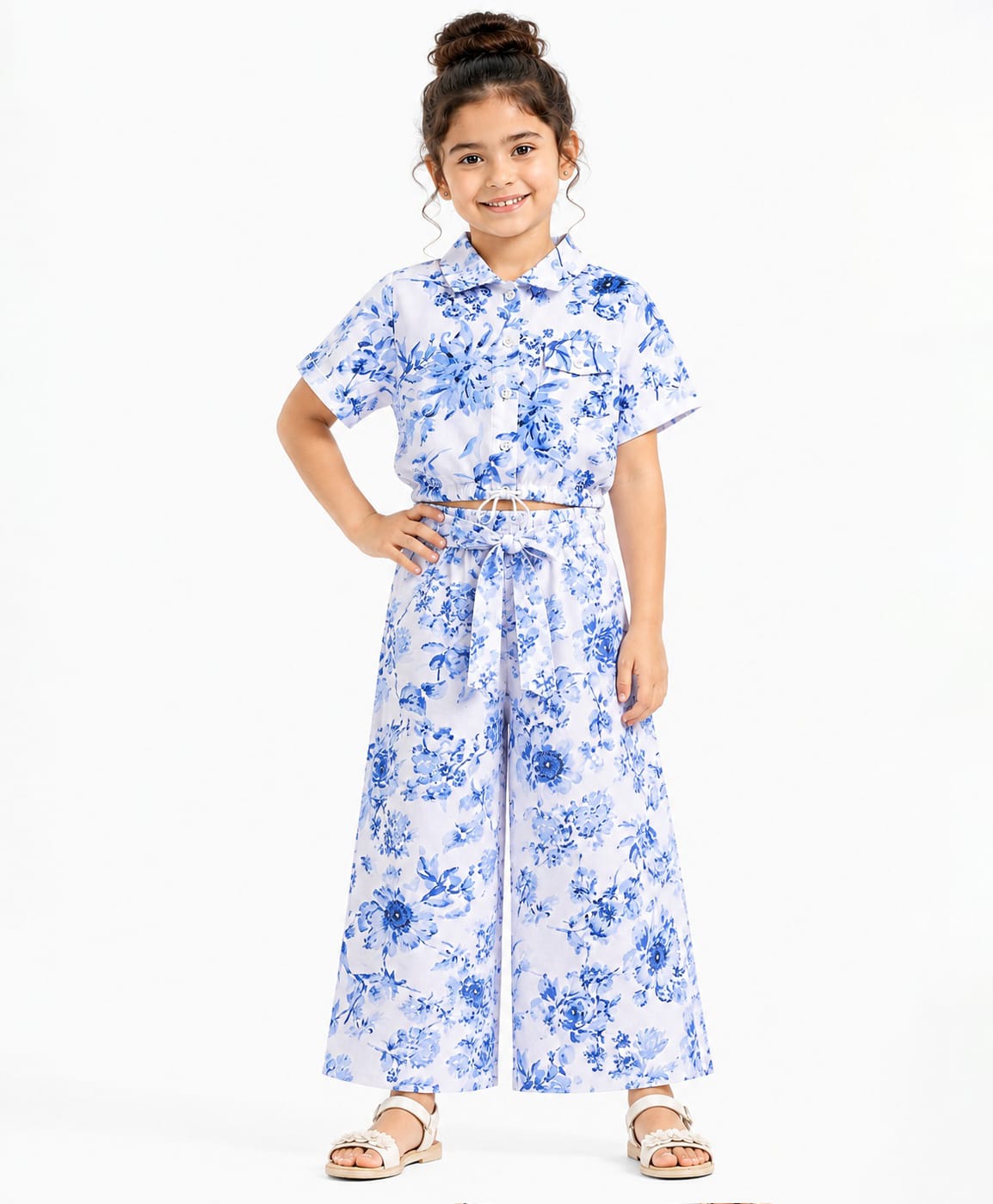 CrayonFlakes Rayon Knit Half Sleeves Floral Printed Shirt Style Crop Top With Coordinating Palazzo Set - Off White & Blue-image-2