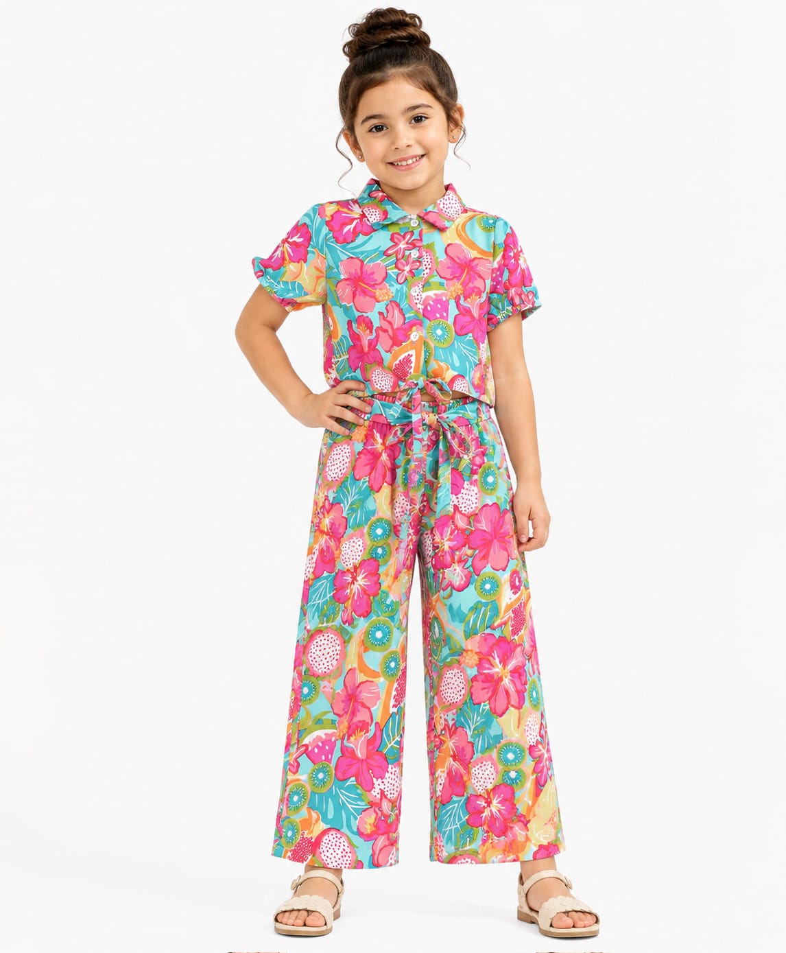 CrayonFlakes Rayon Knit Half Sleeves Floral Printed Co-Ords Crop Shirt Style Top & Belted Palazzo Set - Sea Green-image-18