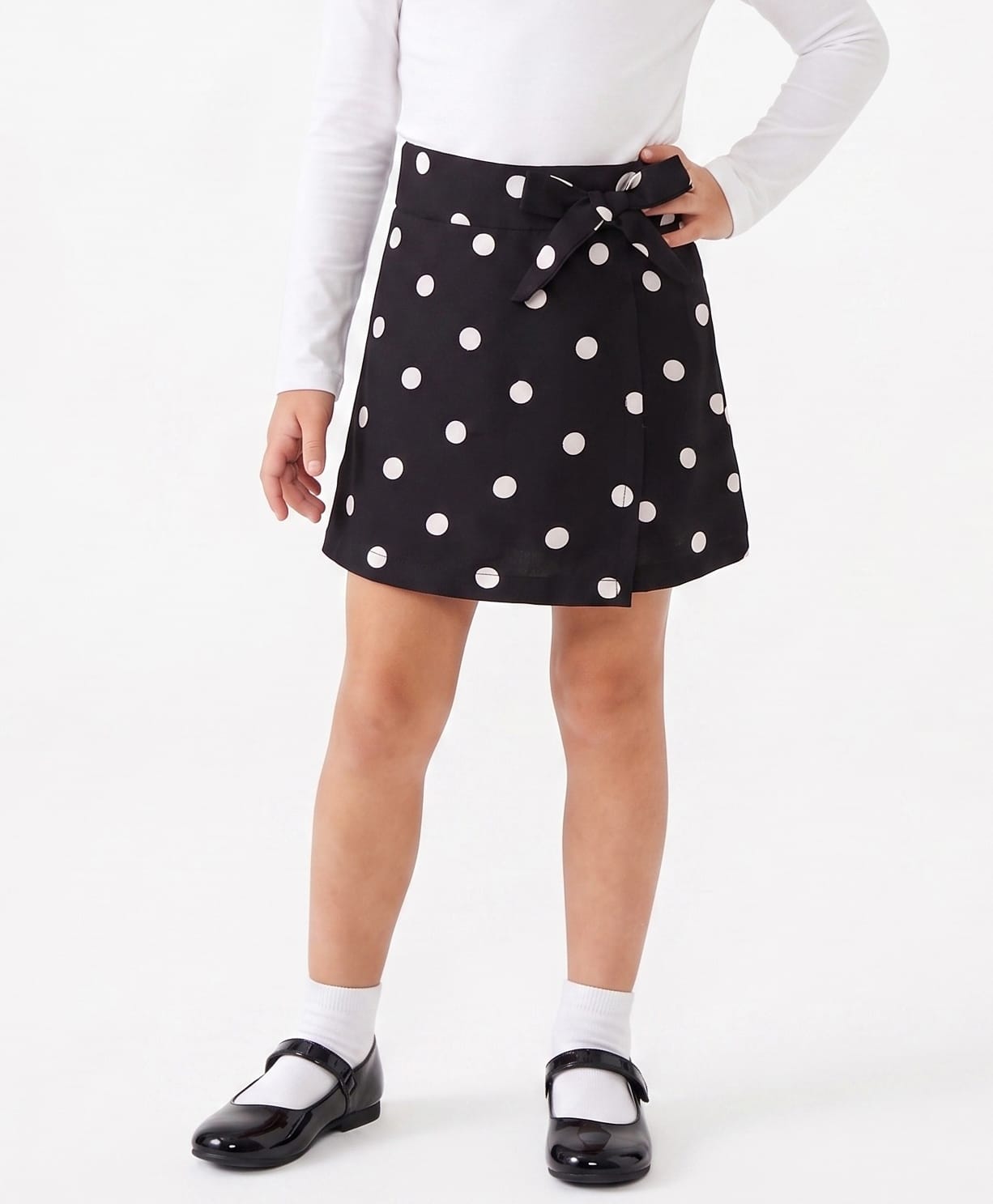 CrayonFlakes Cotton Knit Polka Dots Printed Bow Applique Detailed Skorts - Black-picture-26