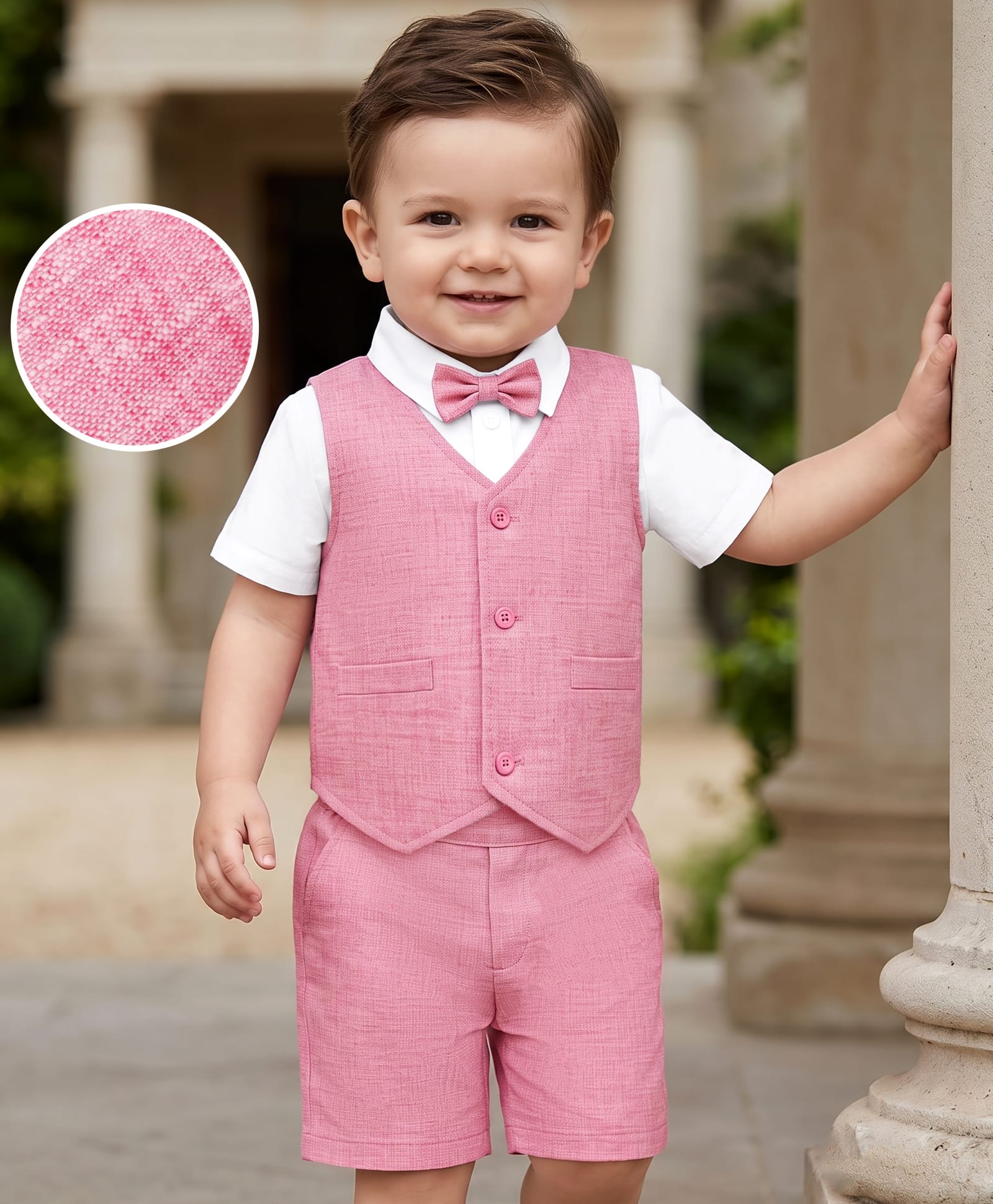 Babyhug Woven Half Sleeves Solid Colour 3 Piece Party Suit With Bow - Pink-picture-10