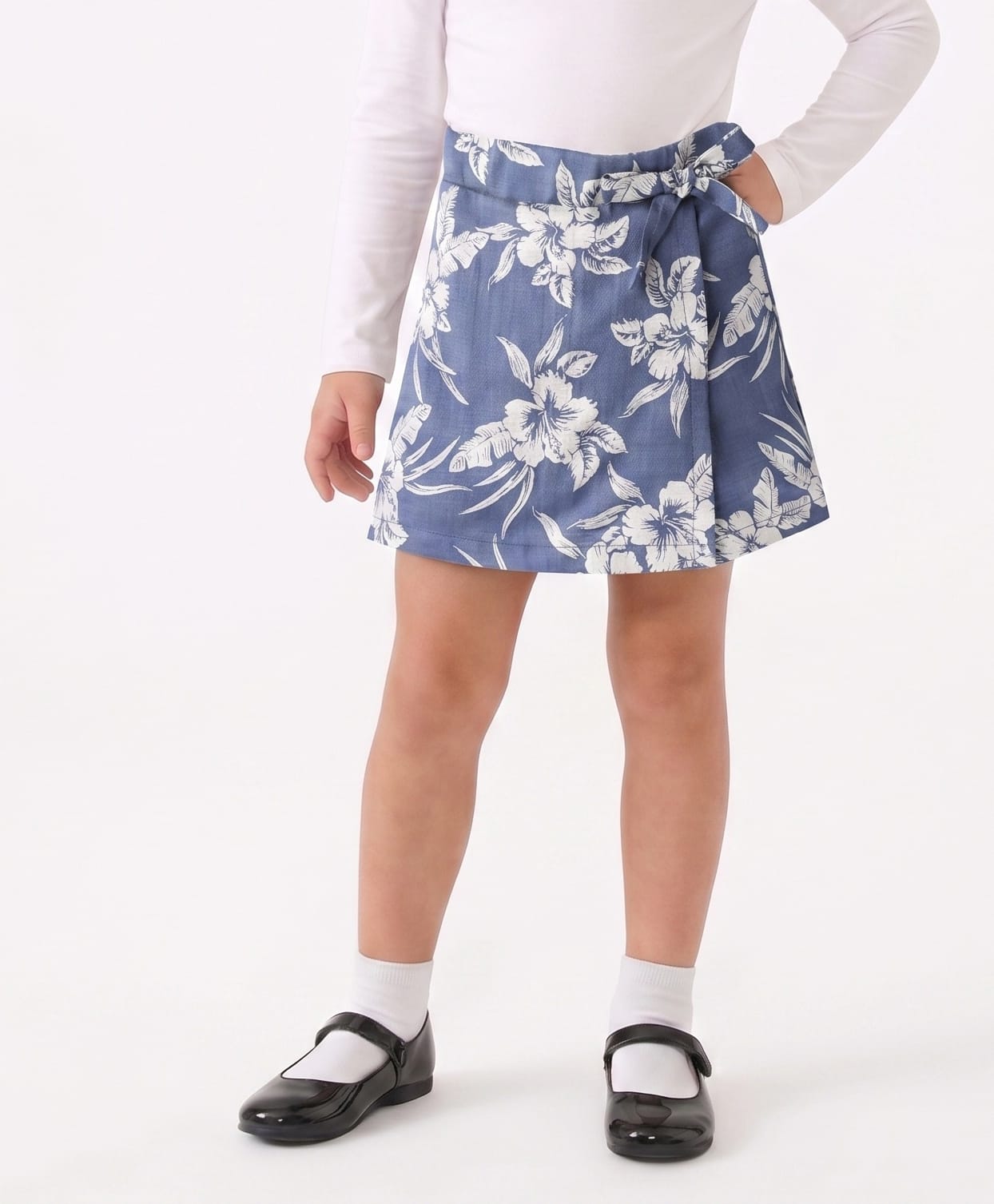 CrayonFlakes Rayon Knit Floral Printed Skort with Bow Applique- Blue-image-9