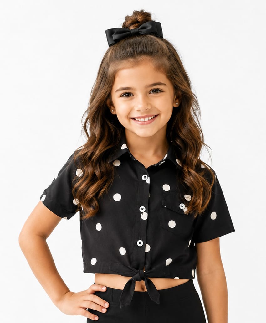 CrayonFlakes Cotton Woven Half Sleeves Crop Top with Polka Dots Print- Black-picture-32
