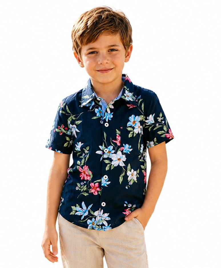 CrayonFlakes Rayon Woven Half Sleeves Shirt with Floral Print - Navy Blue-picture-4