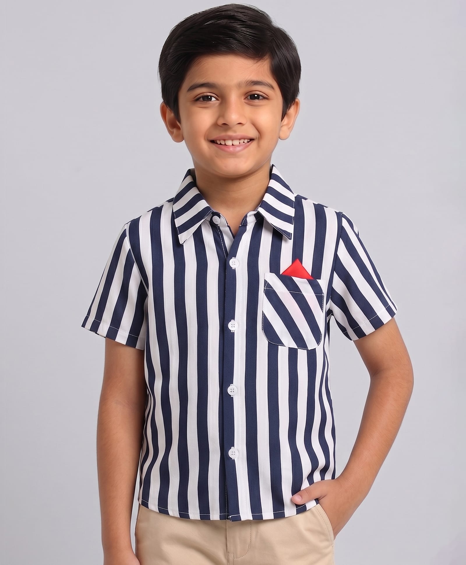 CrayonFlakes Rayon Woven Half Sleeves Striped Shirt - Navy Blue-image-25
