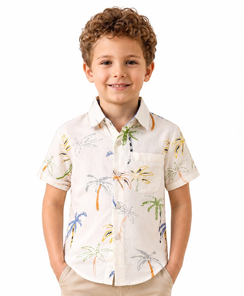 CrayonFlakes Rayon Woven Half Sleeves Shirt with Palm Trees Print - Off White-picture-24