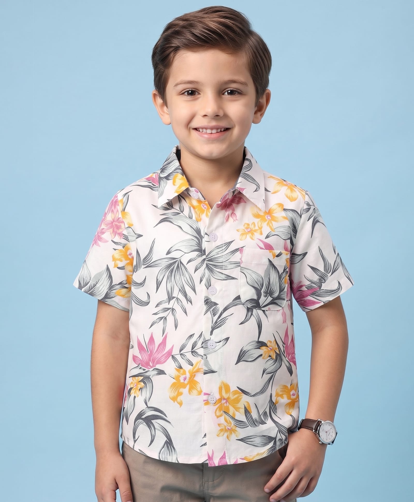 CrayonFlakes Rayon Woven Half Sleeves Shirt with Floral & Leaves Print - Off White-picture-14