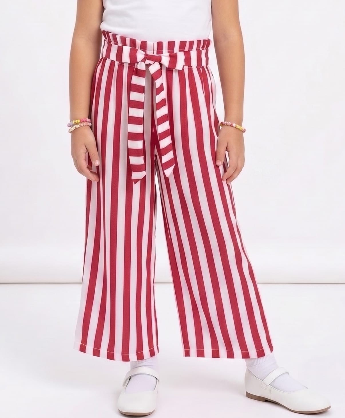 CrayonFlakes Rayon Knit Full Length Back Elasticated & Front Tie Up Striped Palazzo - Red-picture-19