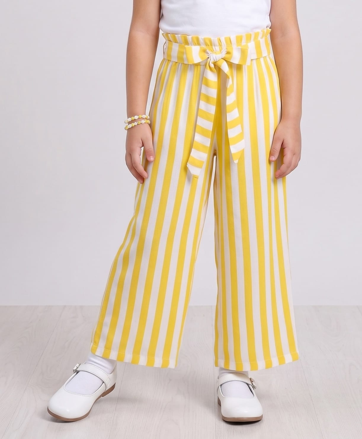 CrayonFlakes Rayon Knit Full Length Back Elasticated & Front Tie Up Striped Palazzo - Yellow-picture-12