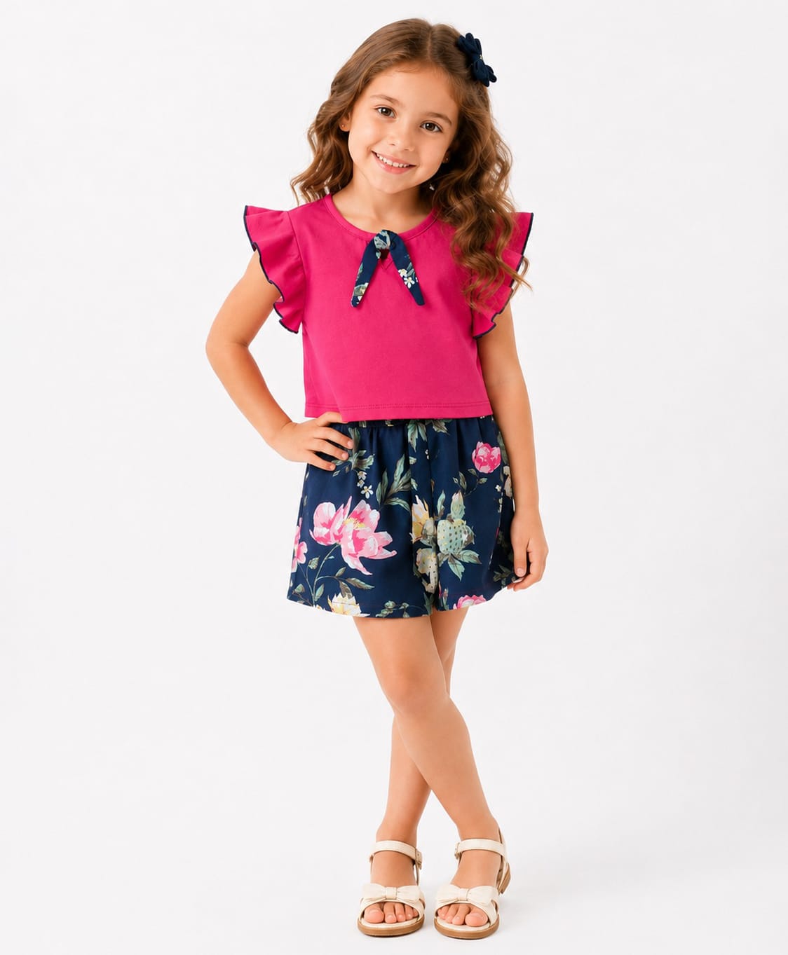 CrayonFlakes Cotton Lycra Knit Short Frilled Sleeves Knot Applique Top & Floral Printed Shorts Set -Dark Pink & Navy Blue-picture-13