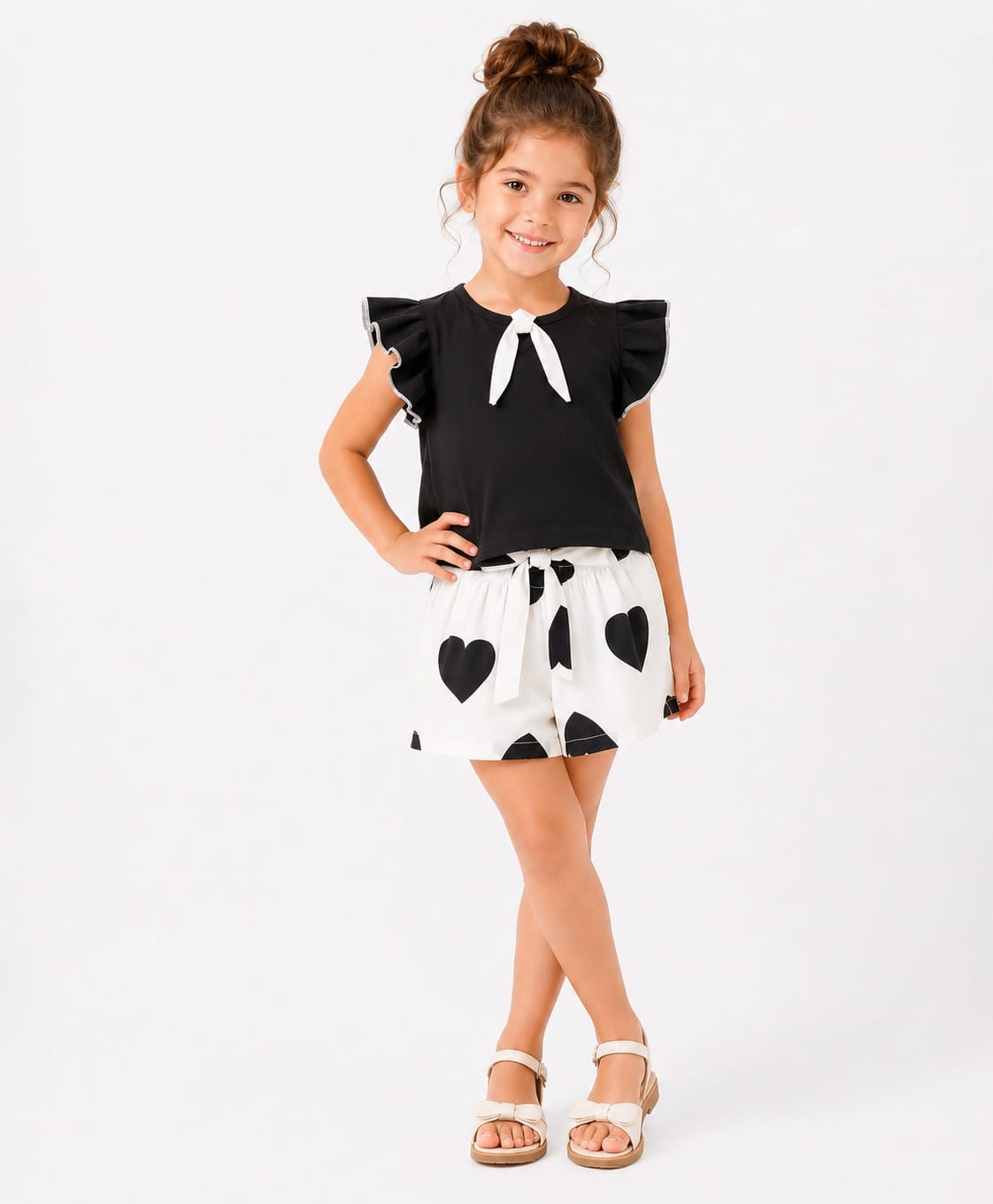 CrayonFlakes Cotton Lycra Knit Half Frilled Sleeves Knot Applique Top & Heart Printed Shorts Set - Black-picture-4