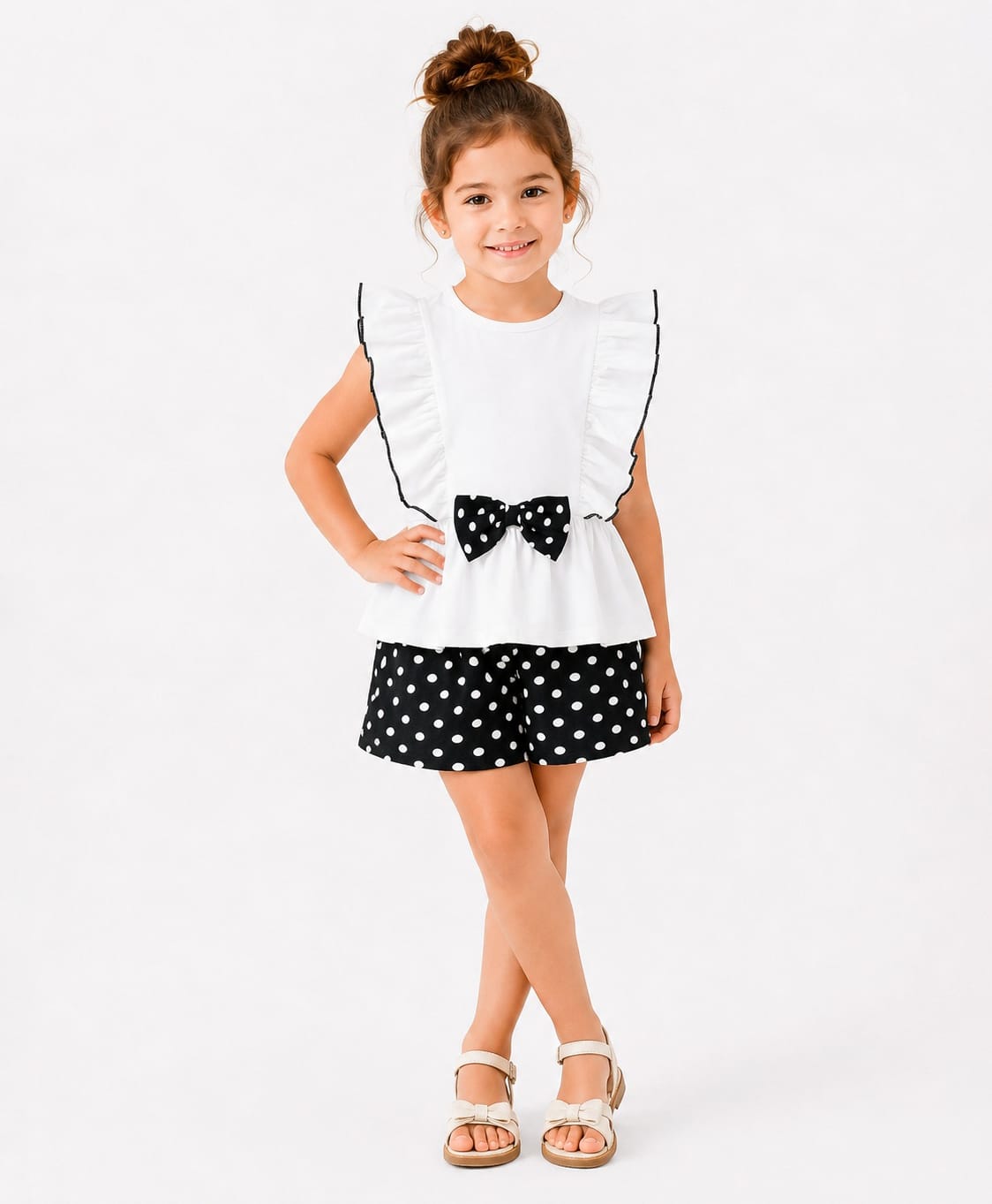 CrayonFlakes Cotton Knit Flutter Sleeves Polka Dots Printed Top & Shorts Set With Bow Applique - White & Black-picture-25