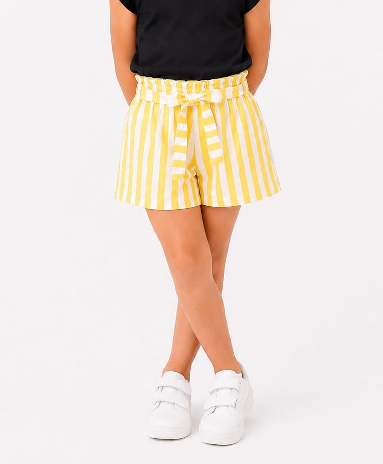 CrayonFlakes Rayon Striped Back Elasticated Shorts with Fabric Belt - Yellow-picture-7