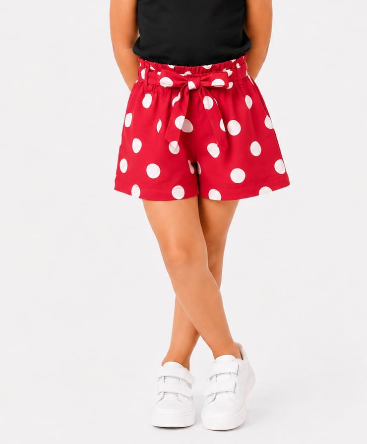 CrayonFlakes Rayon All Over Polka Dots Printed Back Elasticated Shorts with Fabric Belt - Red-picture-36