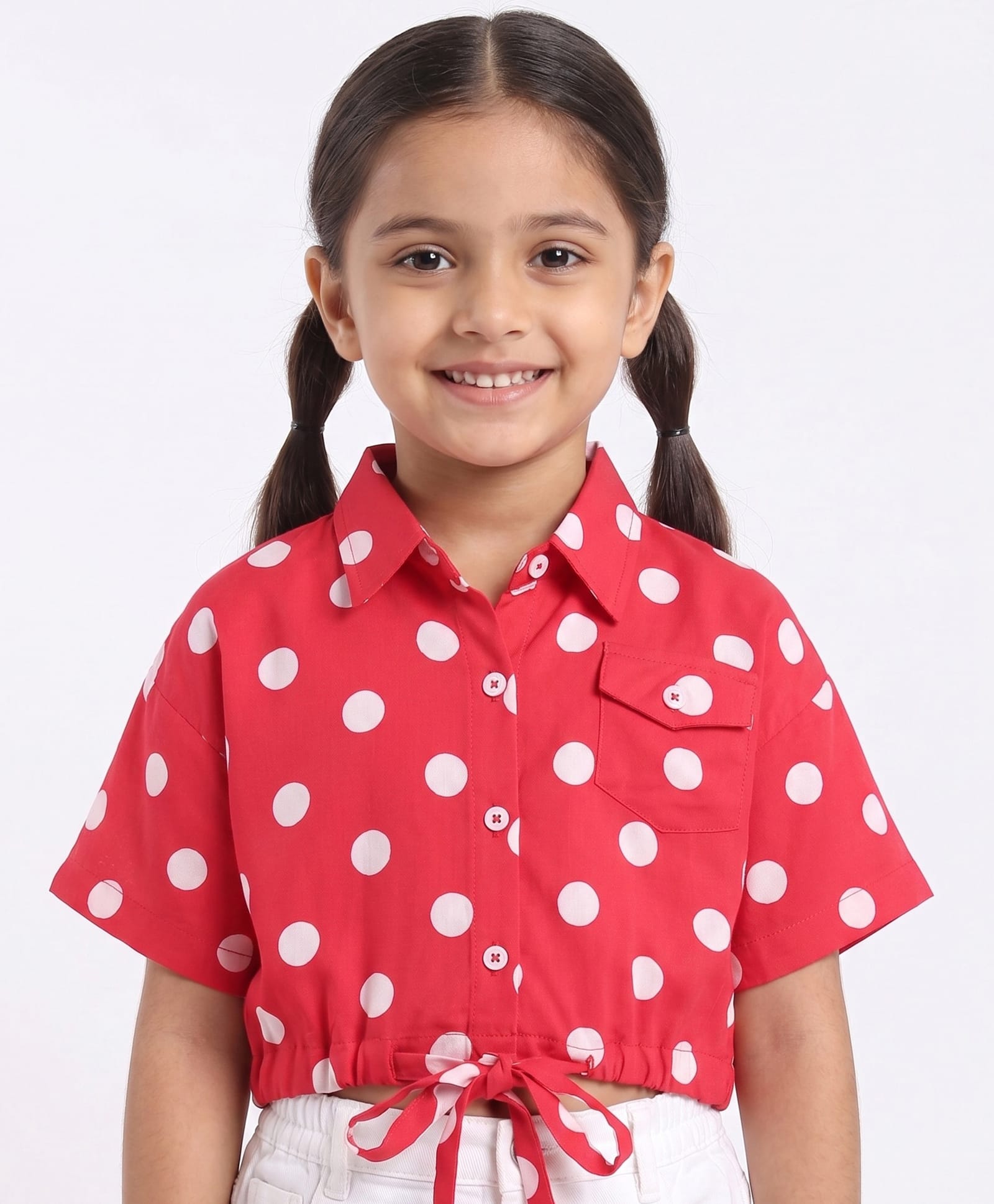 CrayonFlakes Rayon Woven Half Sleeves Crop Top with Polka Dots Print - Red-picture-28