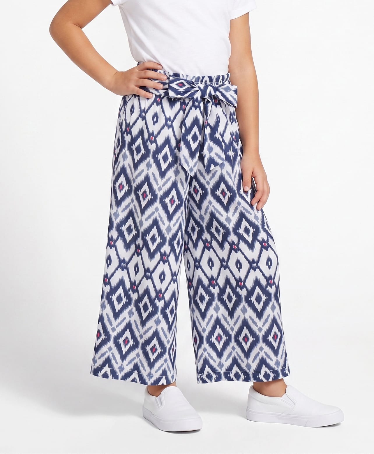 CrayonFlakes Rayon Woven Full Length Ikat Printed Belted Palazzo - OffWhite & Navy Blue-picture-28