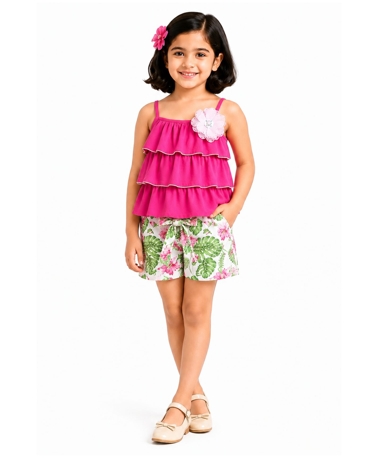 CrayonFlakes Cotton Knit Sleeveless Floral Applique Detailed Layered Top With Shorts Set - Pink-picture-18