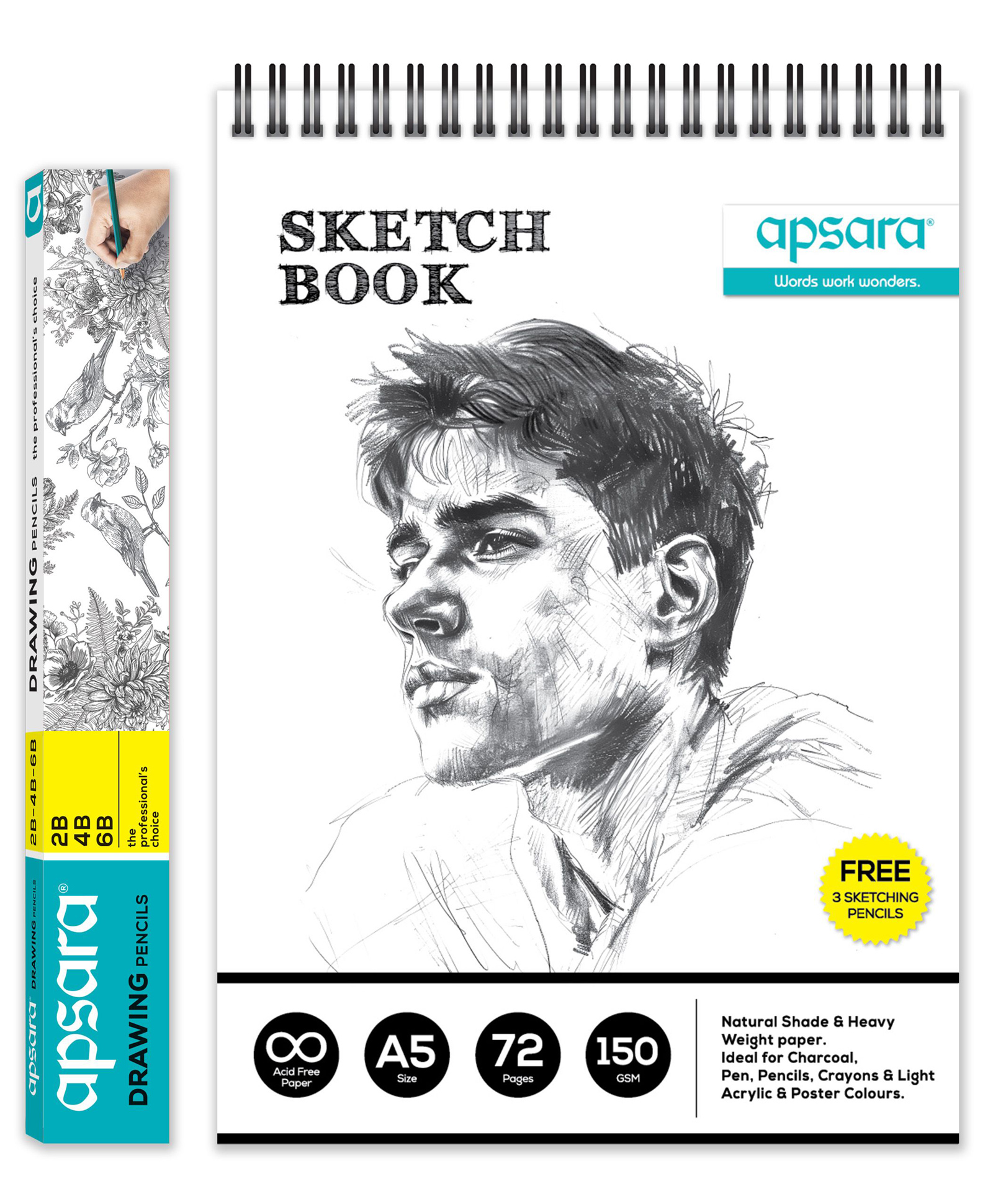 Apsara A5 Sketchbook | 150 GSM Paper | 72 Pages | Top Spiral Bound | Unruled Drawing Book with Free 3 Sketching Pencils-picture-0