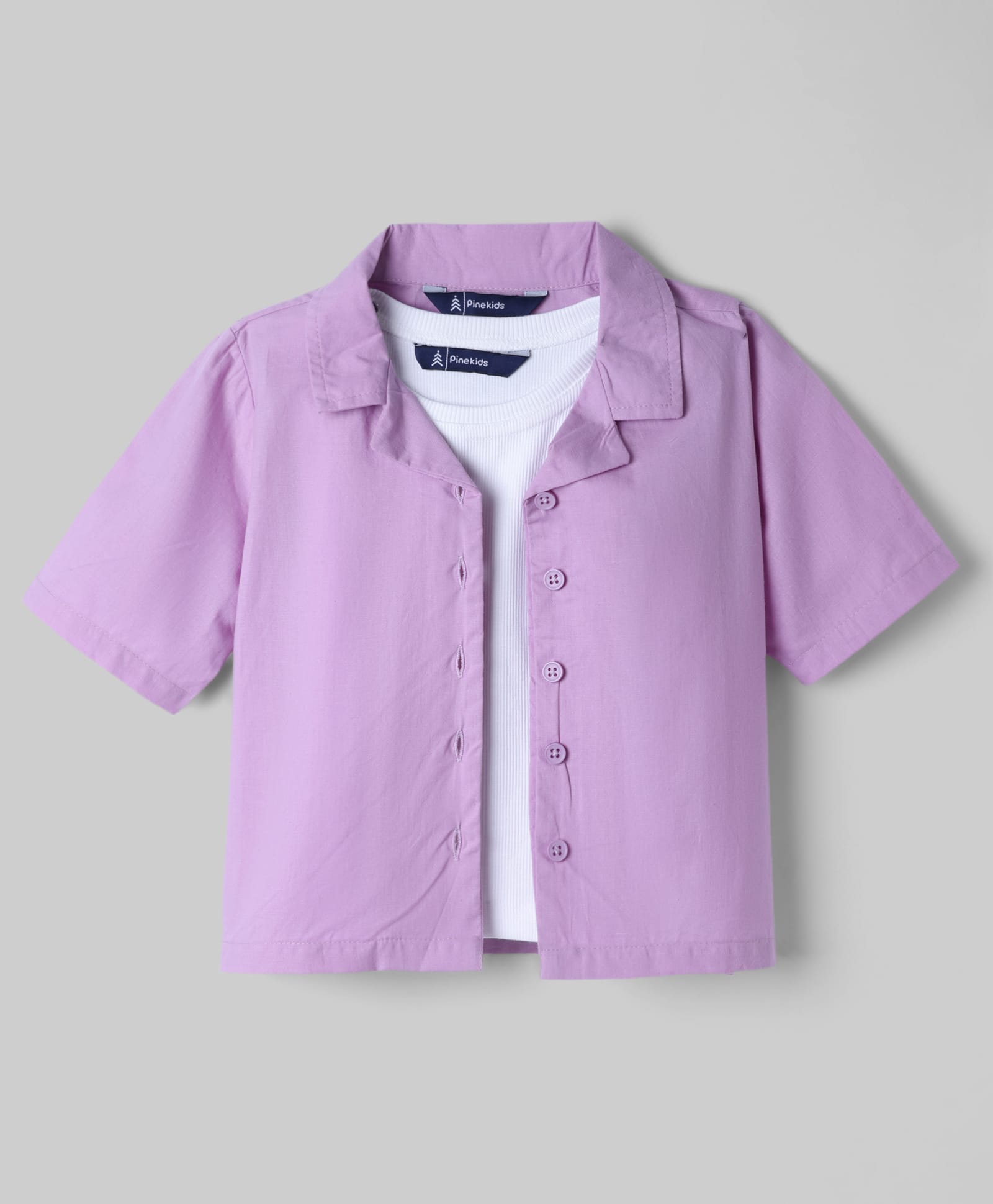 Pine Kids 100% Cotton Knit Half Sleeves Solid Shirt Style Top With Inner Tee - Lavender-image-27