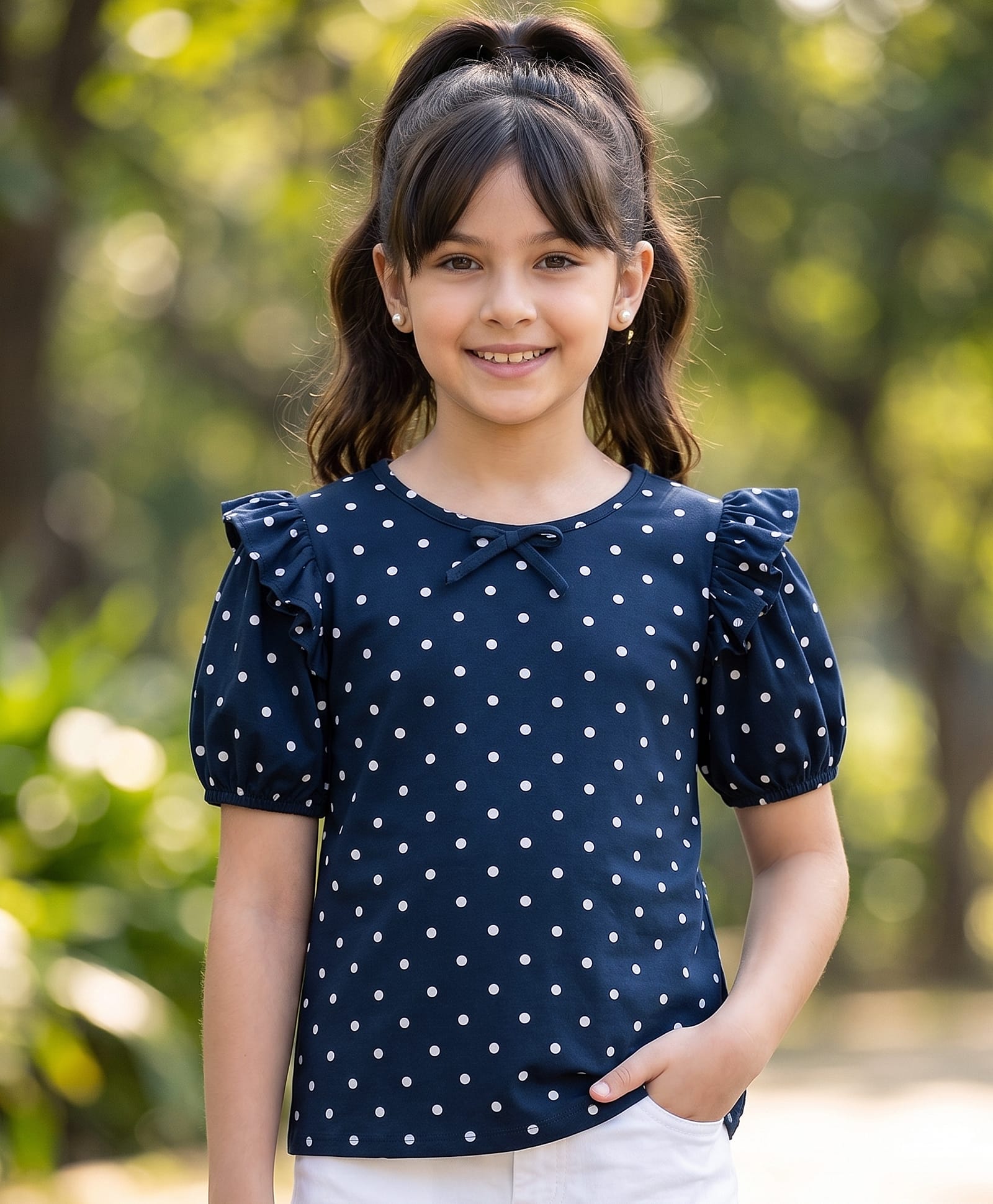 Pine Kids Rayon Woven Half Puffed Sleeves Top with Polka Dot Print & Frill Detailing - Navy-picture-15