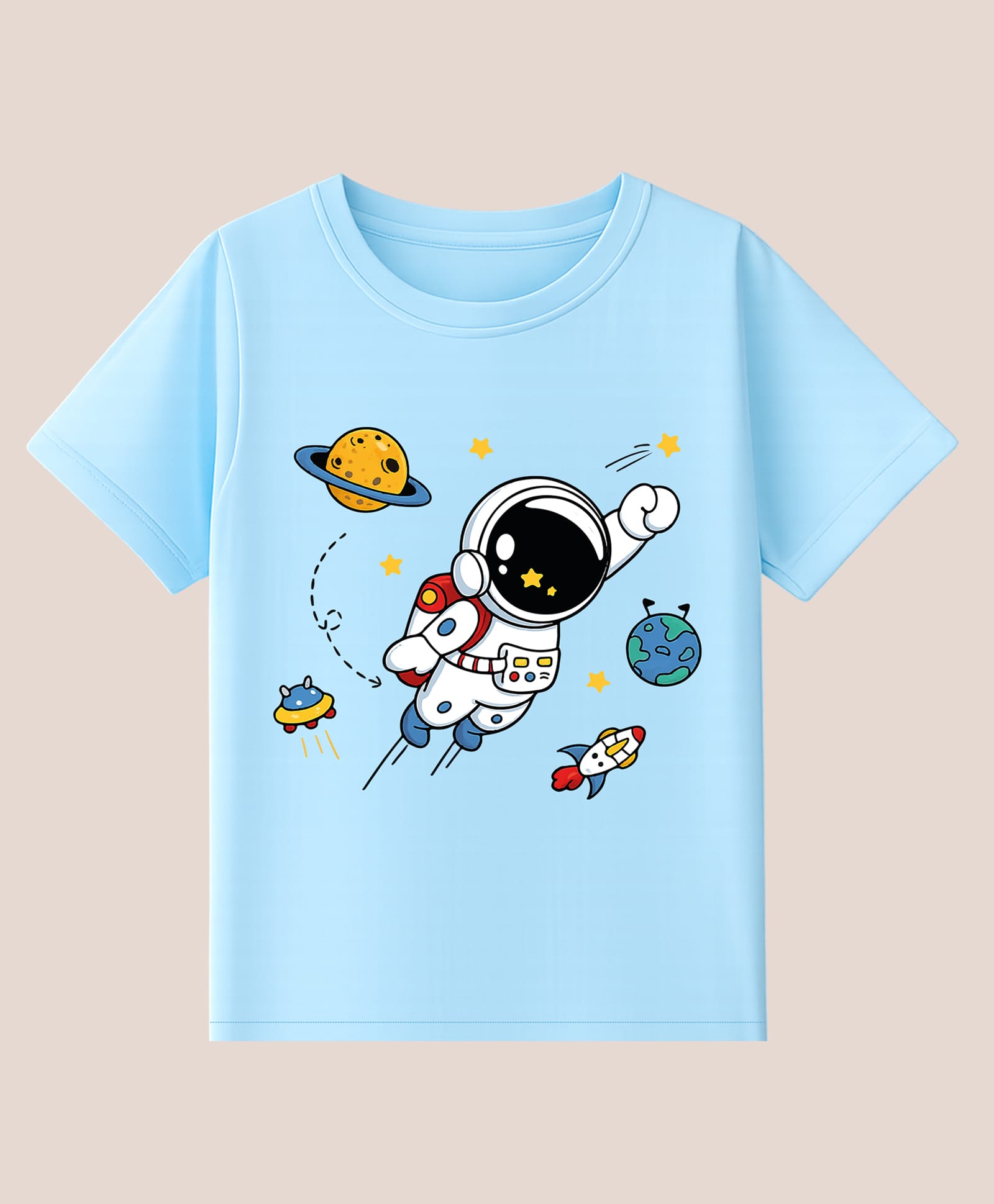 BLUSHES 100% Cotton Knit Half Sleeves Astronaut & Planet Printed Tee - Aqua Blue-image-22