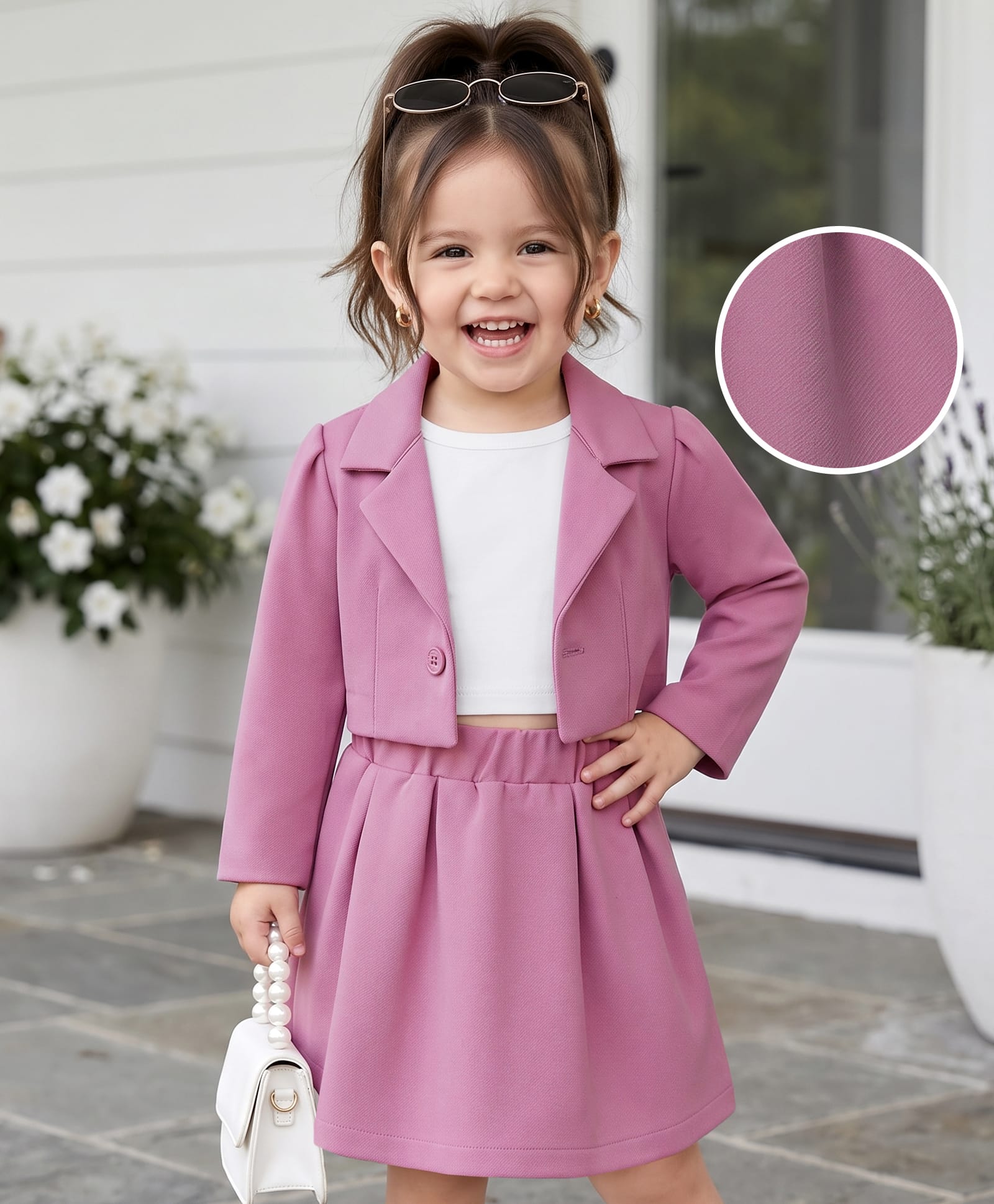 Babyhug Knit Full Sleeves Blazer Style Co-Ords Top & Skirts Set with Inner Tee - Pink-image-39