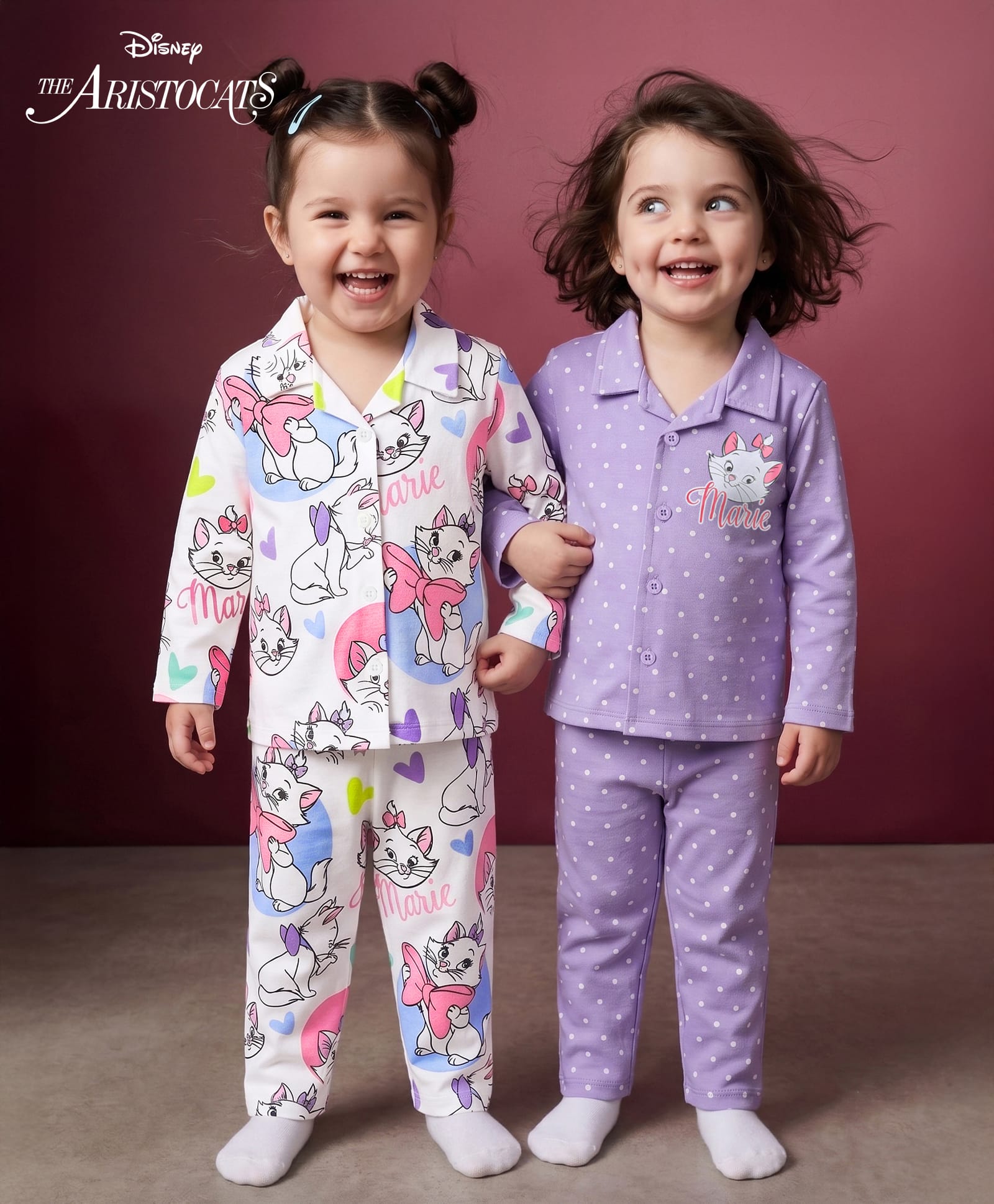 Babyhug Disney Single Jersey Knit Full Sleeves Co-Ords Shirt & Pyjama Night Suit with Polka Dots & Marie Graphics Pack of 2 - Lilac & White-image-45