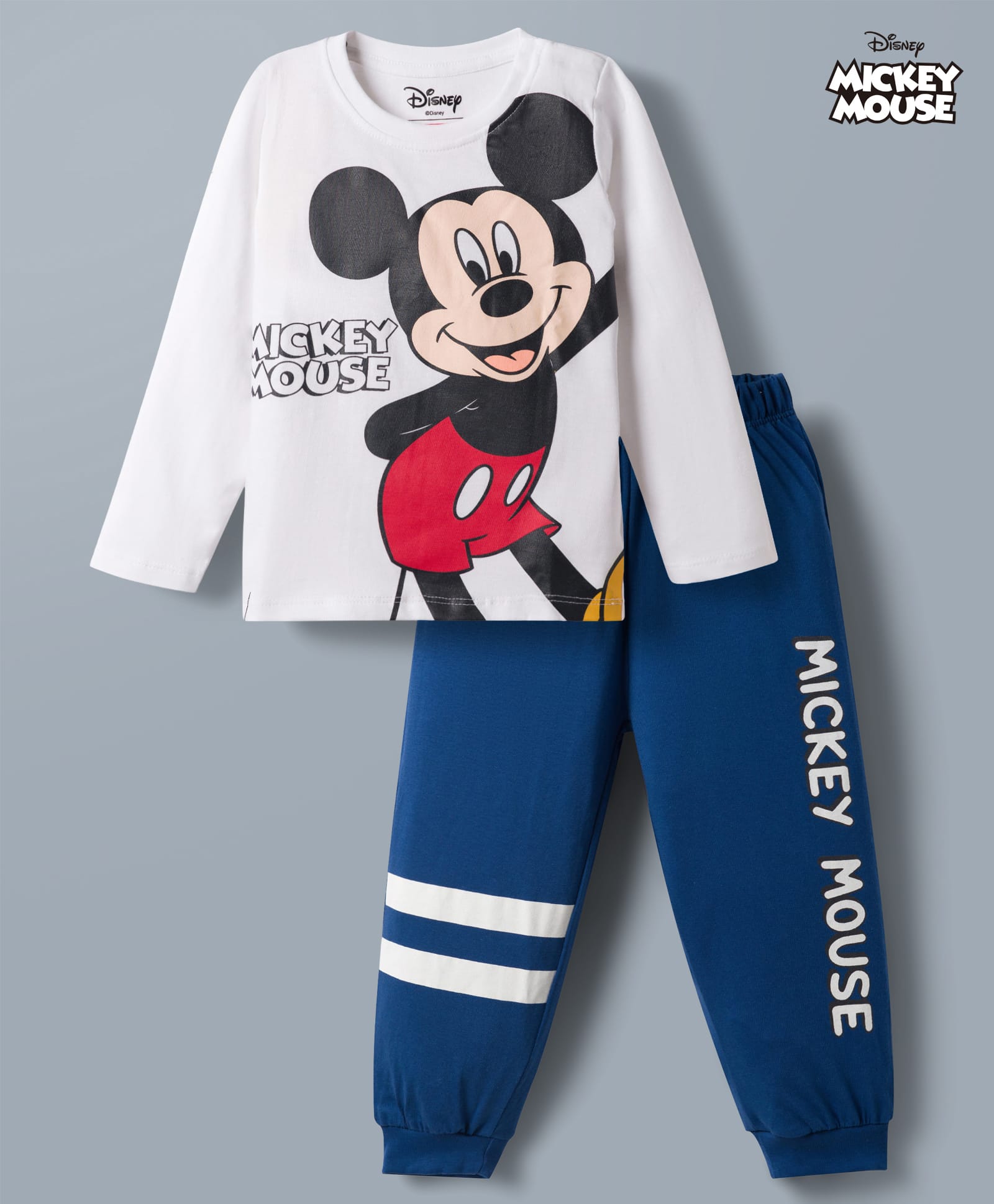 Babyhug Disney Single Jersey Knit Full Sleeves T-Shirt & Pajama Night Suit with Mickey Mouse Graphics - White & Blue-image-20