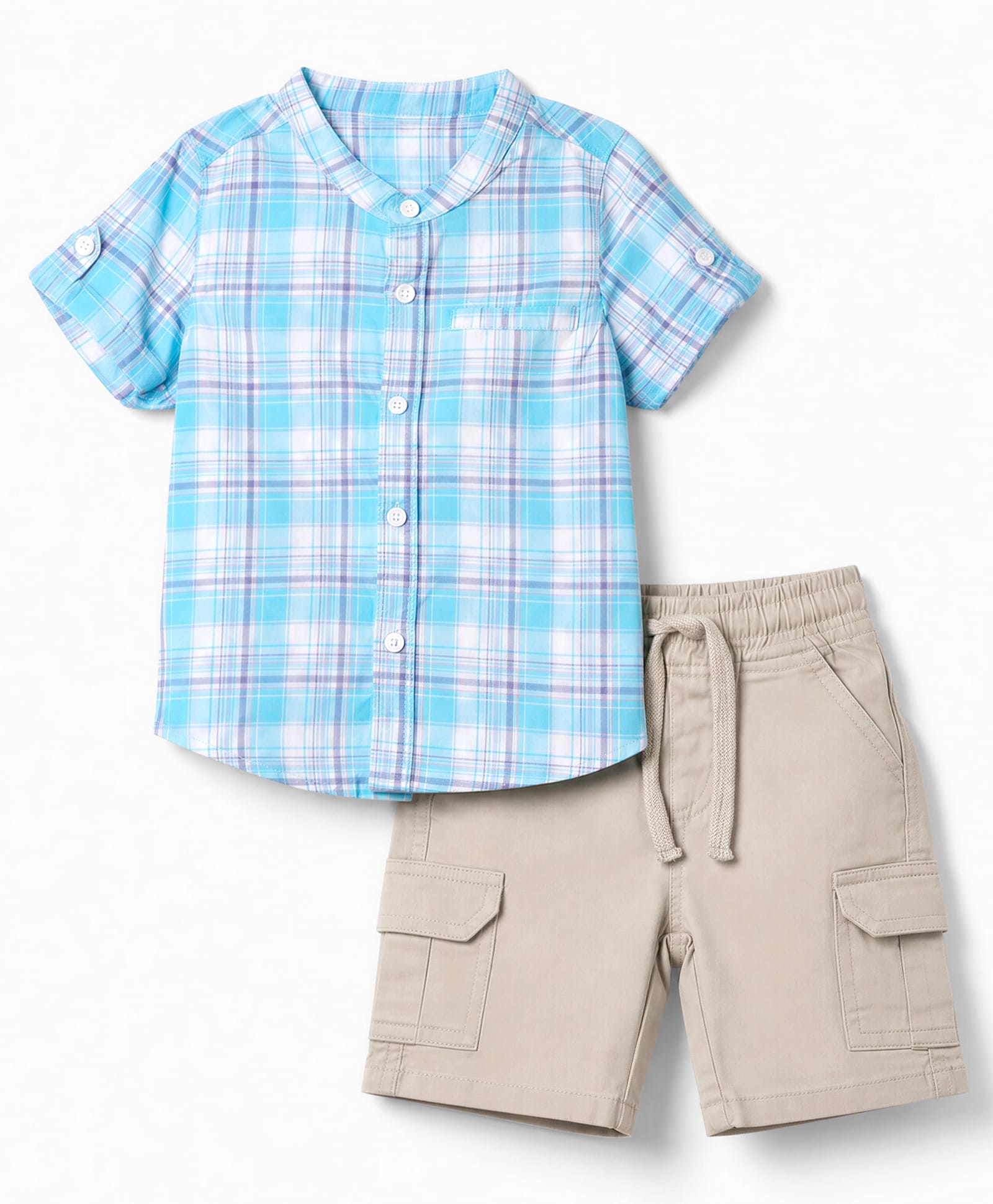 Babyhug Cotton Woven Half Sleeves Checks Shirt & Shorts With Cargo Pocket - Blue & Beige-image-5
