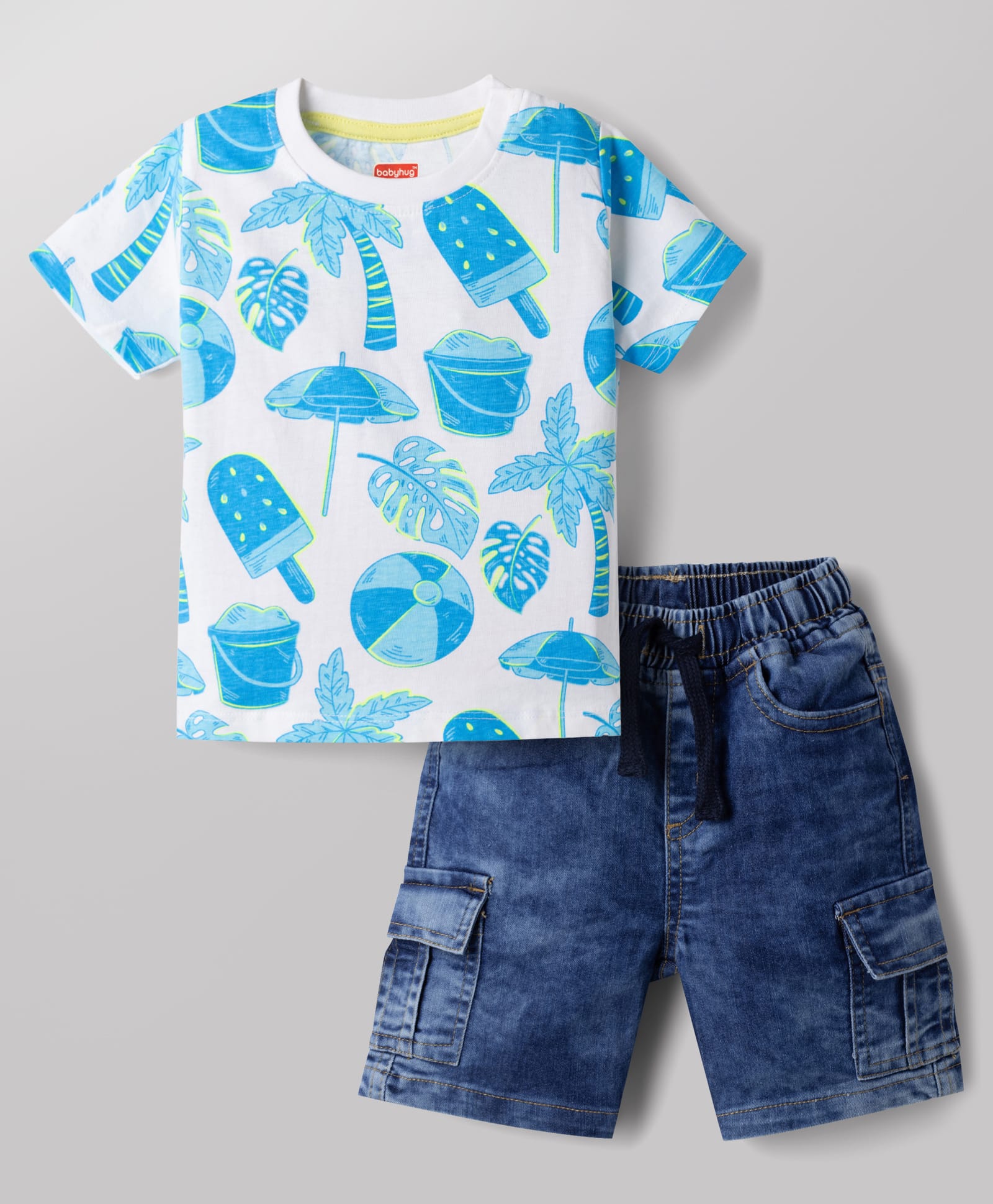 Babyhug Cotton Woven Half Sleeves T-Shirt & Denim Shorts Set with Beach Theme Print - White-picture-11