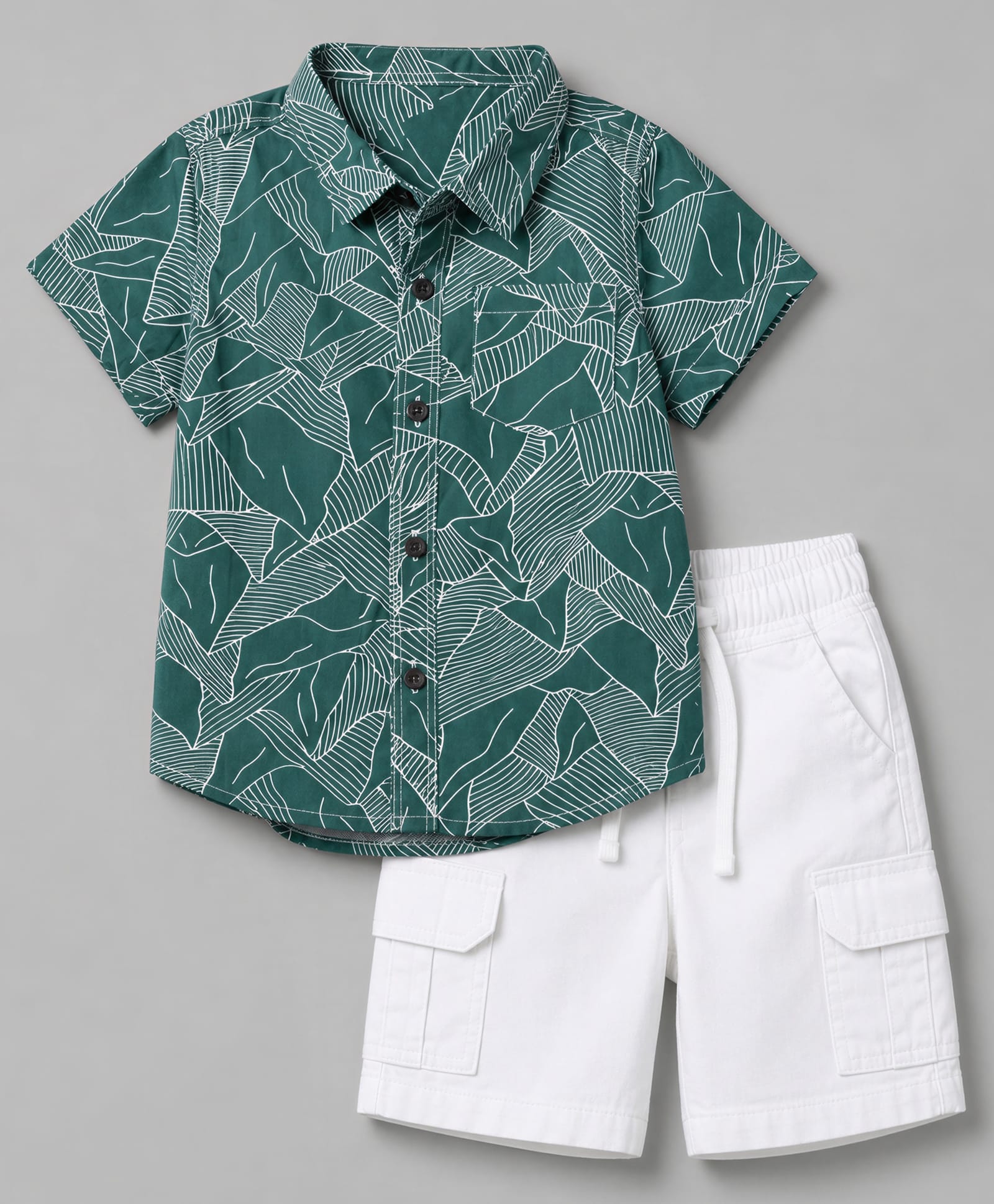 Babyhug Cotton Woven Half Sleeves Abstract Printed Shirt & Shorts With Cargo Pockets - White & Green-image-11