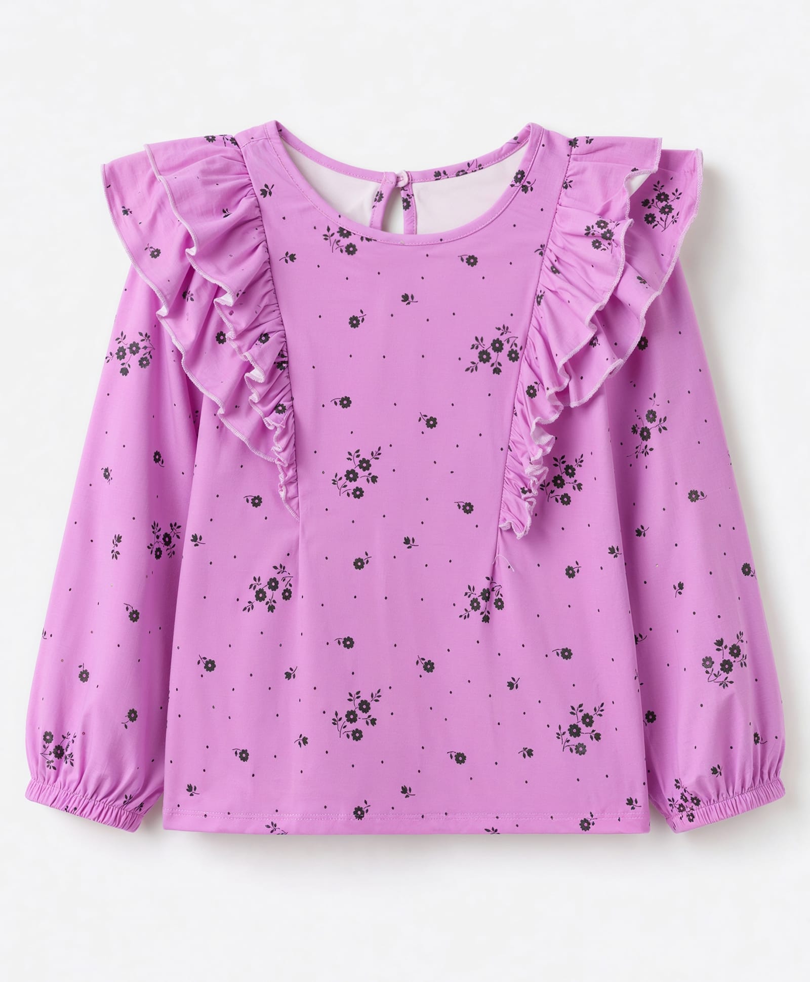 Pine Kids Cotton Knit Full Sleeves Top with Frill Detailing and Floral Print - Fuchsia-picture-24