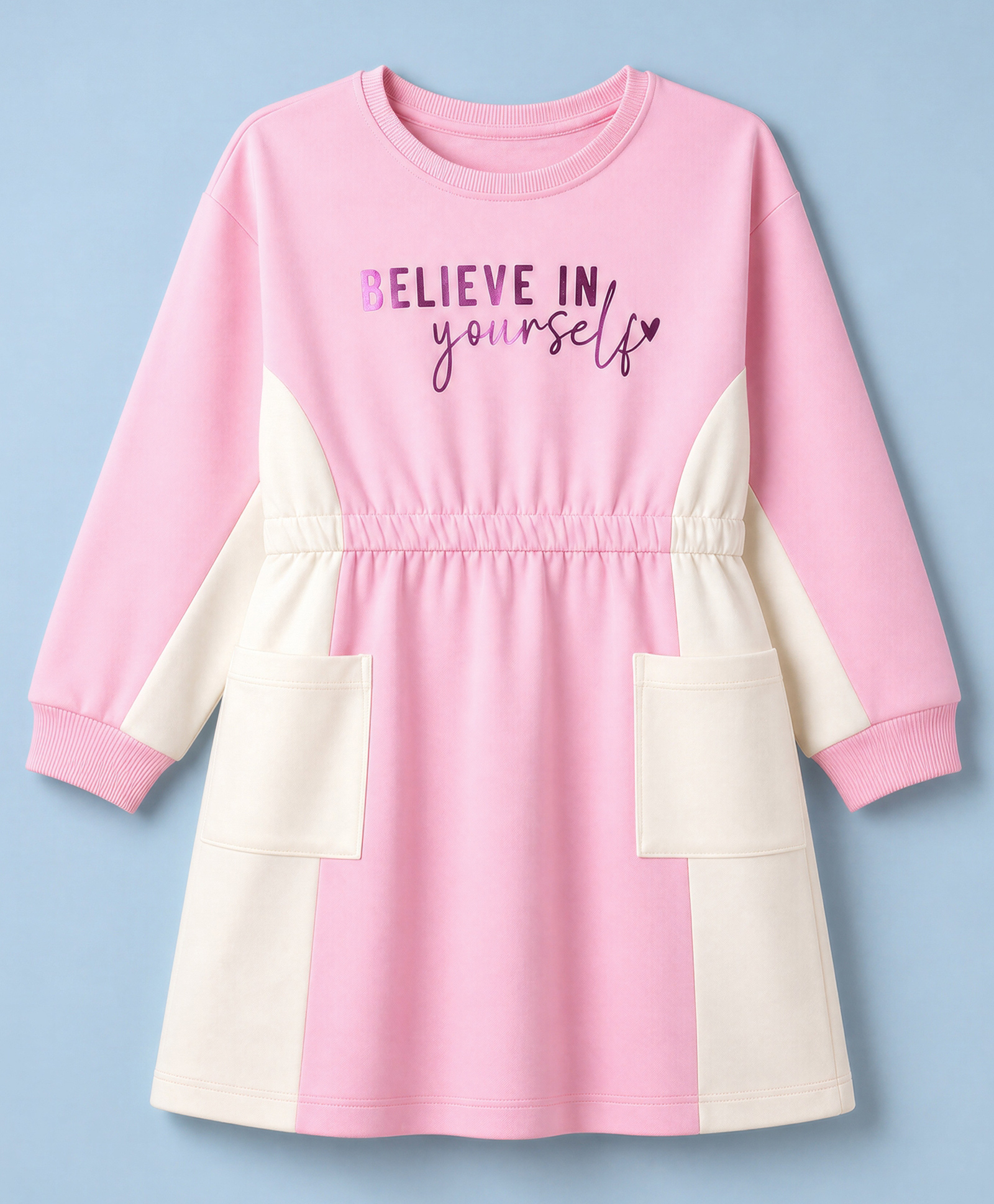 Pine Kids Cotton Knit Winter Frock with Full Sleeves and Believe In Yourself Print in Pink for 5-6 Years-image-44