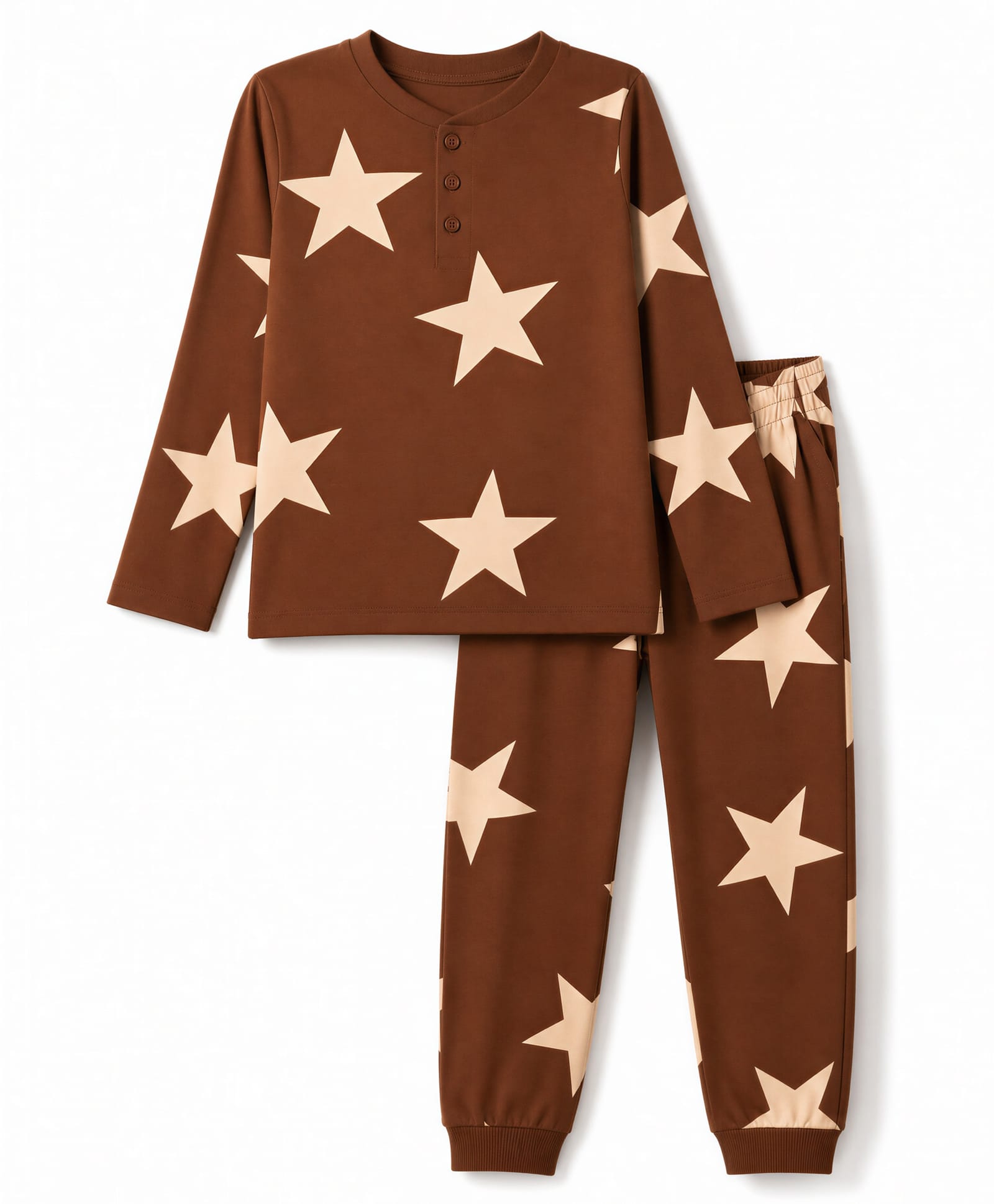 Pine Kids Cotton Knit Full Sleeves T-Shirt & Pyjama Co-ords Night Suit With Star Print - Brown-image-33