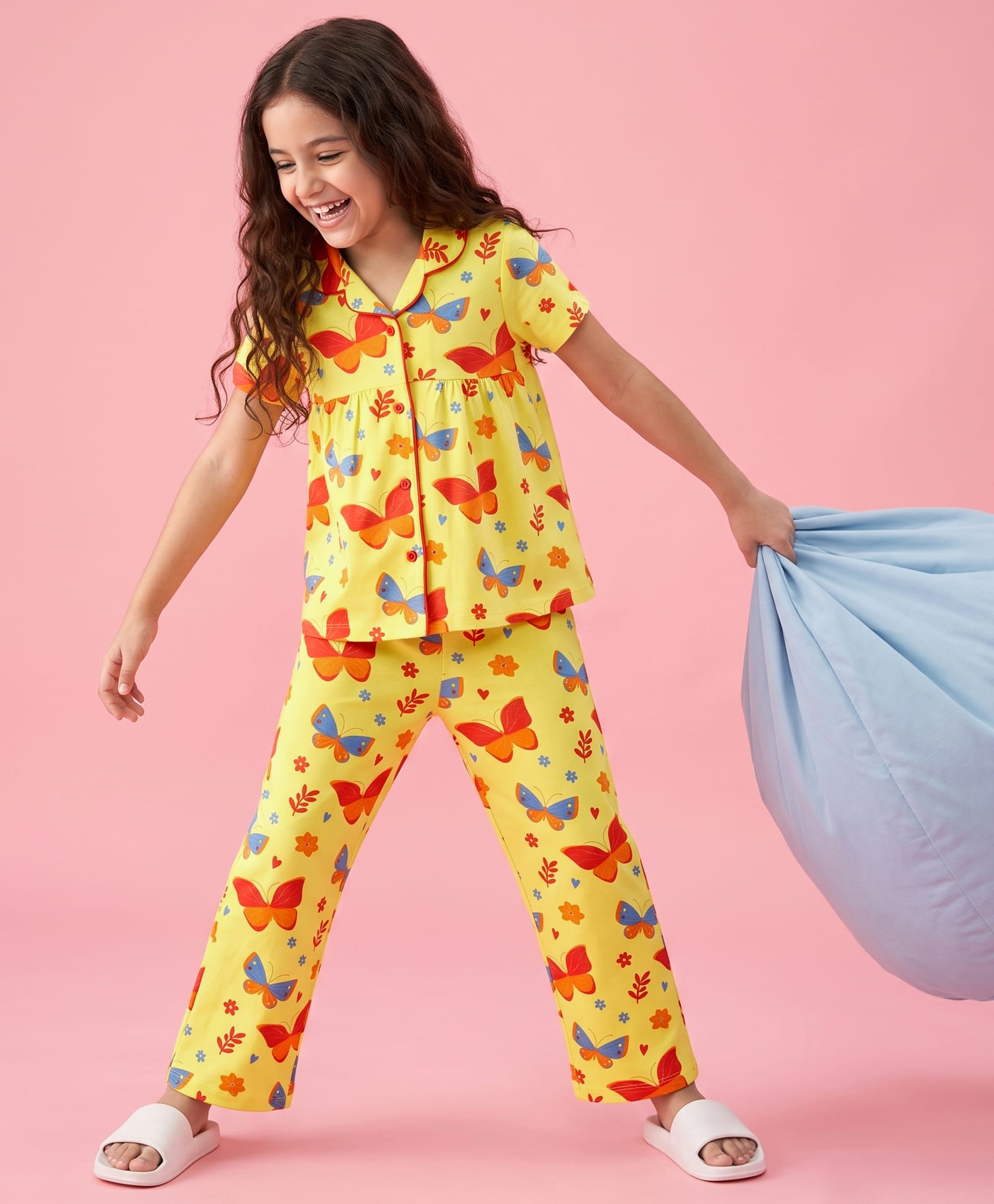 Pine Kids Cotton Knit Half Sleeves Top & Pyjama Co-ords Night Suit With Butterfly Print - Light Yellow-image-16