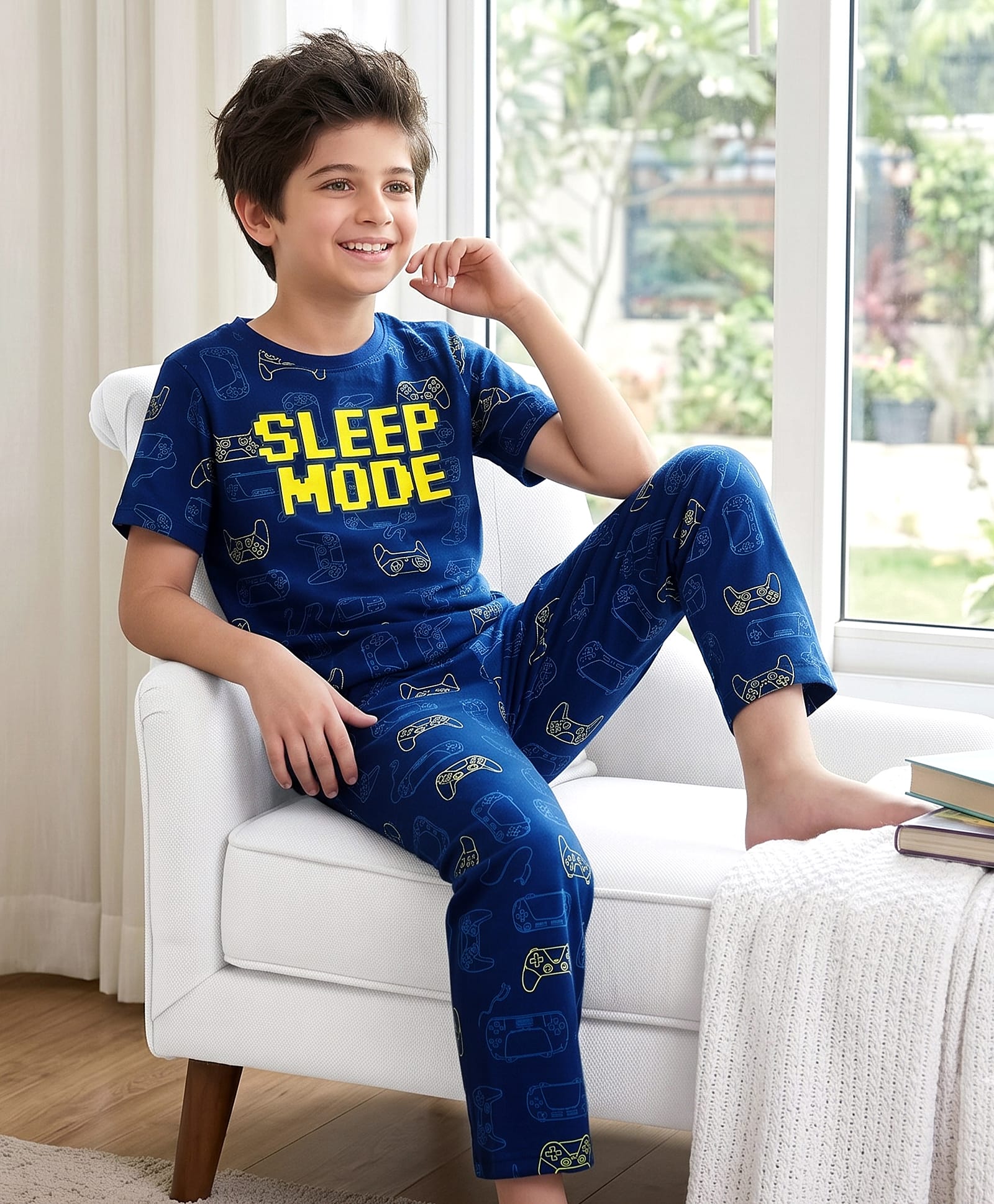 Pine Kids Cotton Knit Half Sleeves Game Controller & Text Printed T-Shirt & Pajama Night Suit - Navy-image-42
