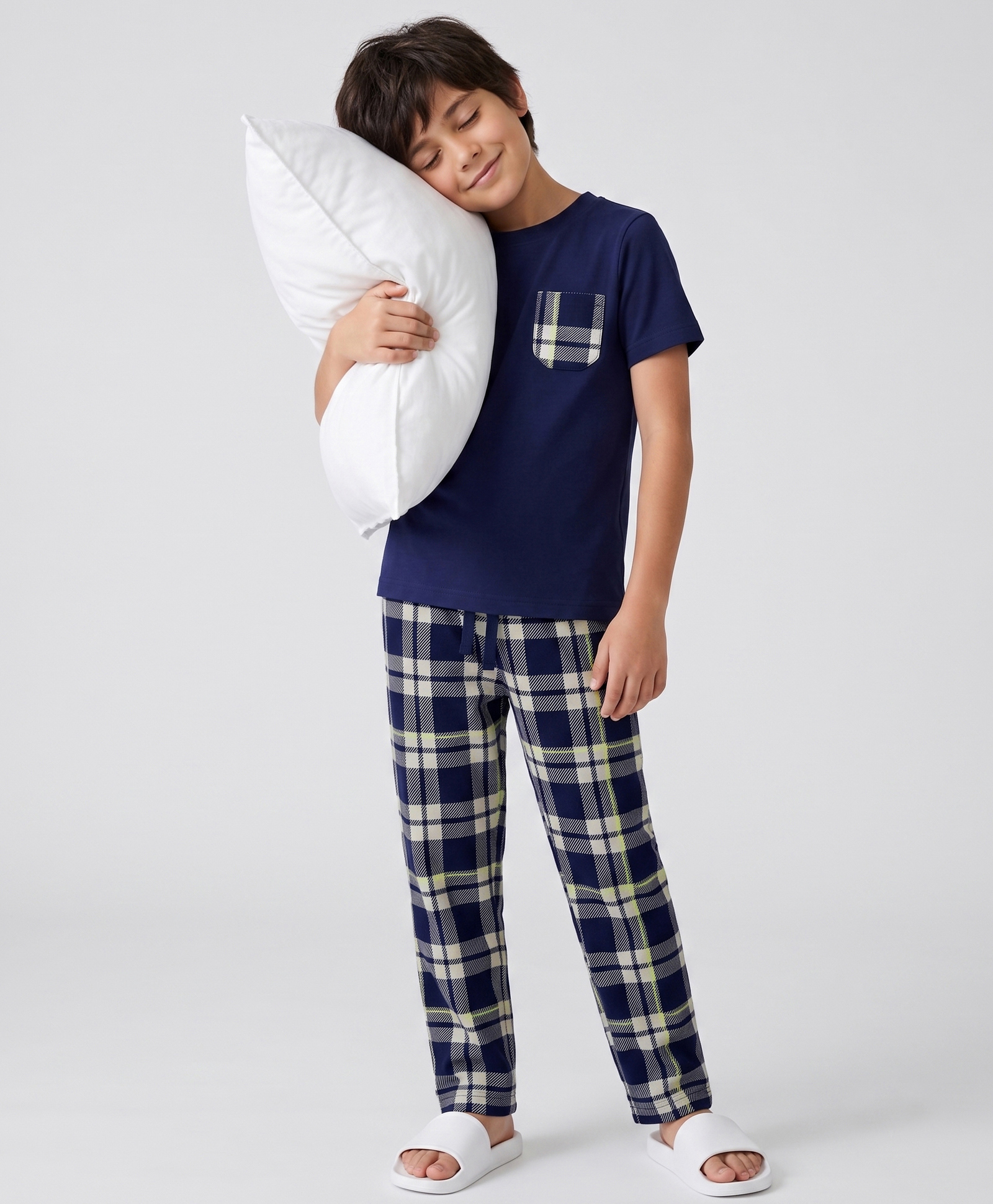 Pine Kids Cotton Knit Half Sleeves T-Shirt & Checked Pyjama Night Suit - Blue-image-29
