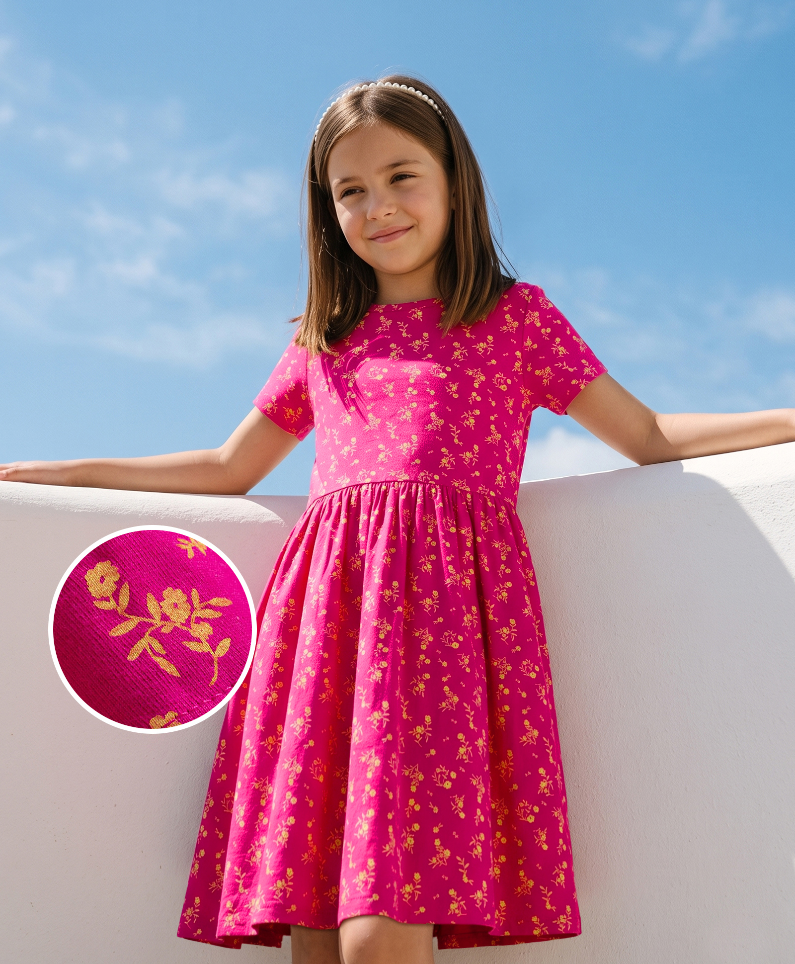 Pine Kids Cotton Knit One Piece Dress with Short Sleeves and Floral Print - Pink-picture-34