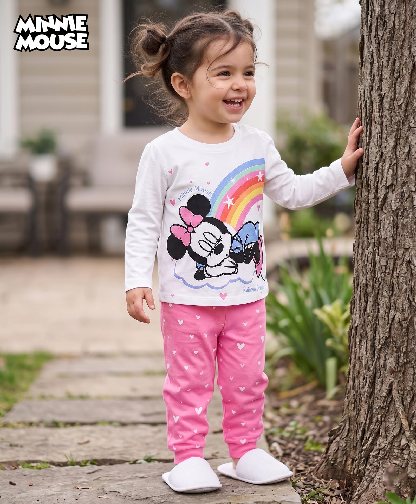 Babyhug Disney Single Jersey Knit Full Sleeves T-Shirt & Pajama Night Suit with Hearts & Minnie Mouse Graphics - White & Pink-picture-33