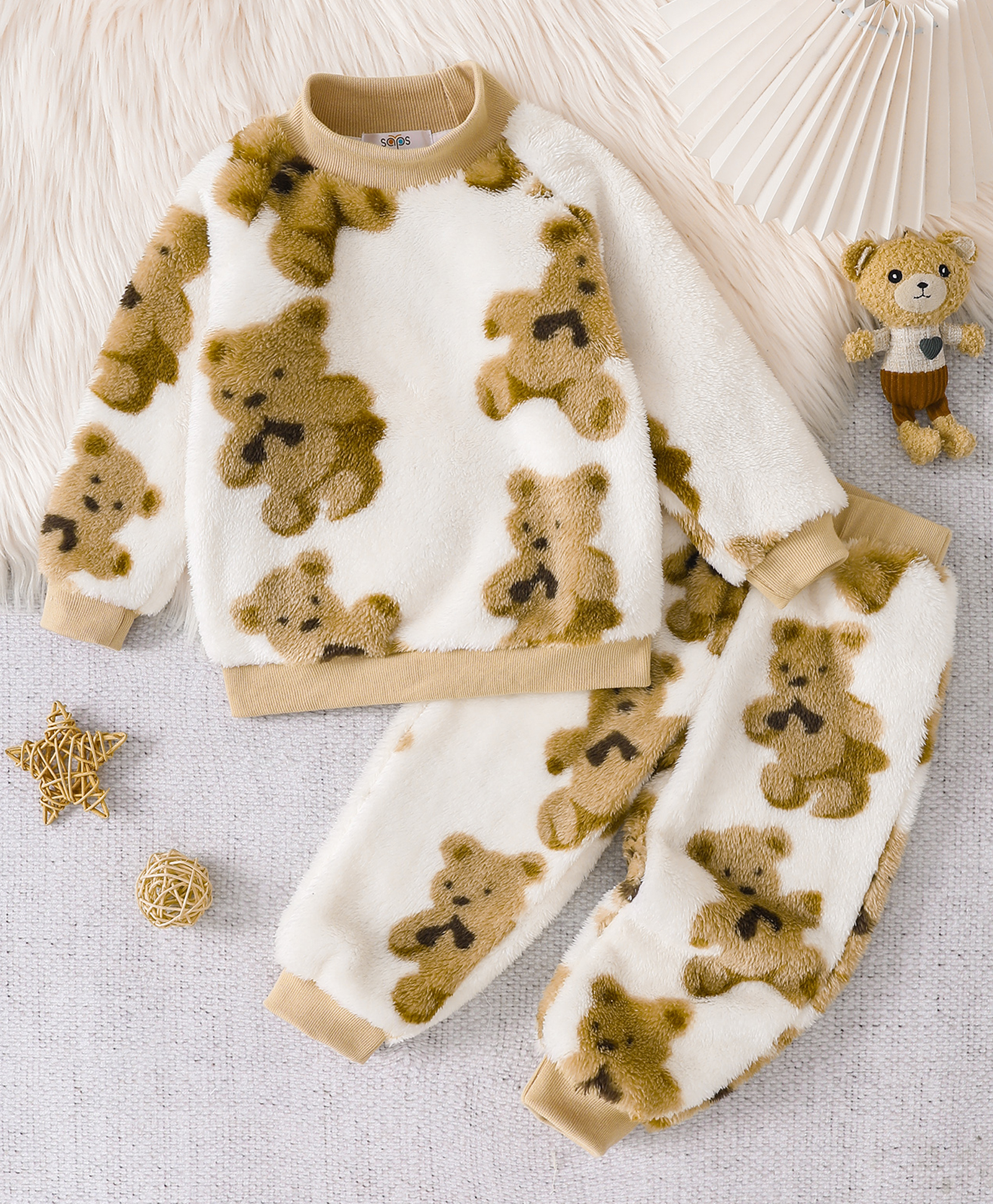 Mark & Mia Full Sleeves Co-Ords T-Shirt & Pyjama Winter Wear Night Suit with Bear Print - Light Brown-image-29
