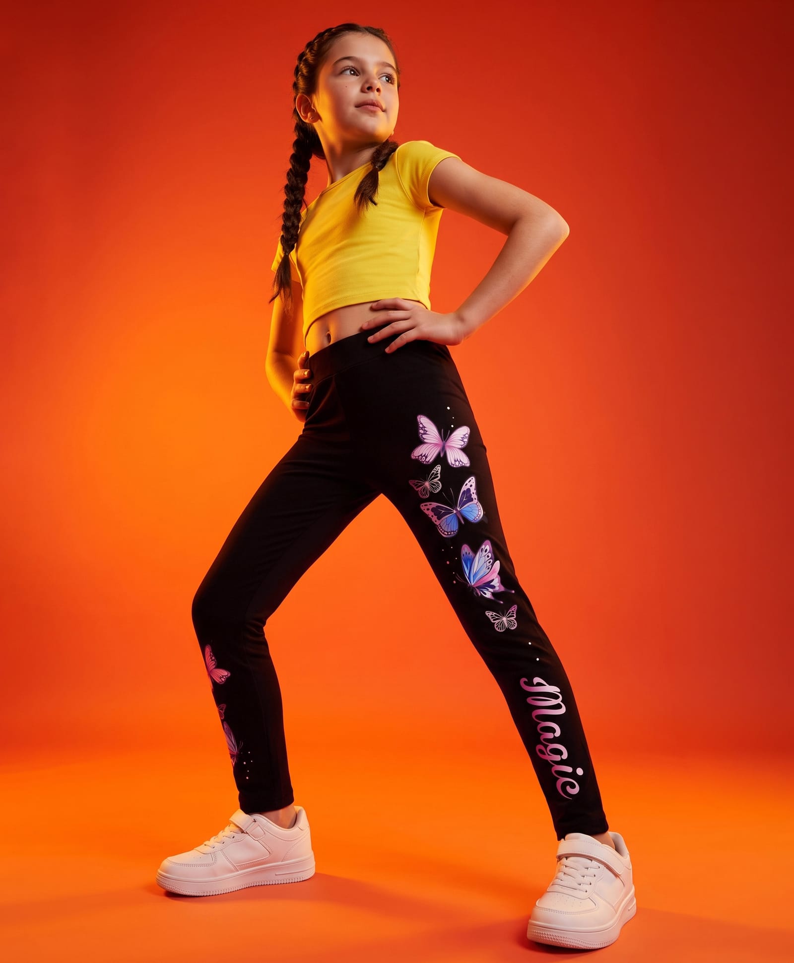 Pine Kids Cotton Lycra Knit Full Length Butterfly Printed Leggings - Black-image-38