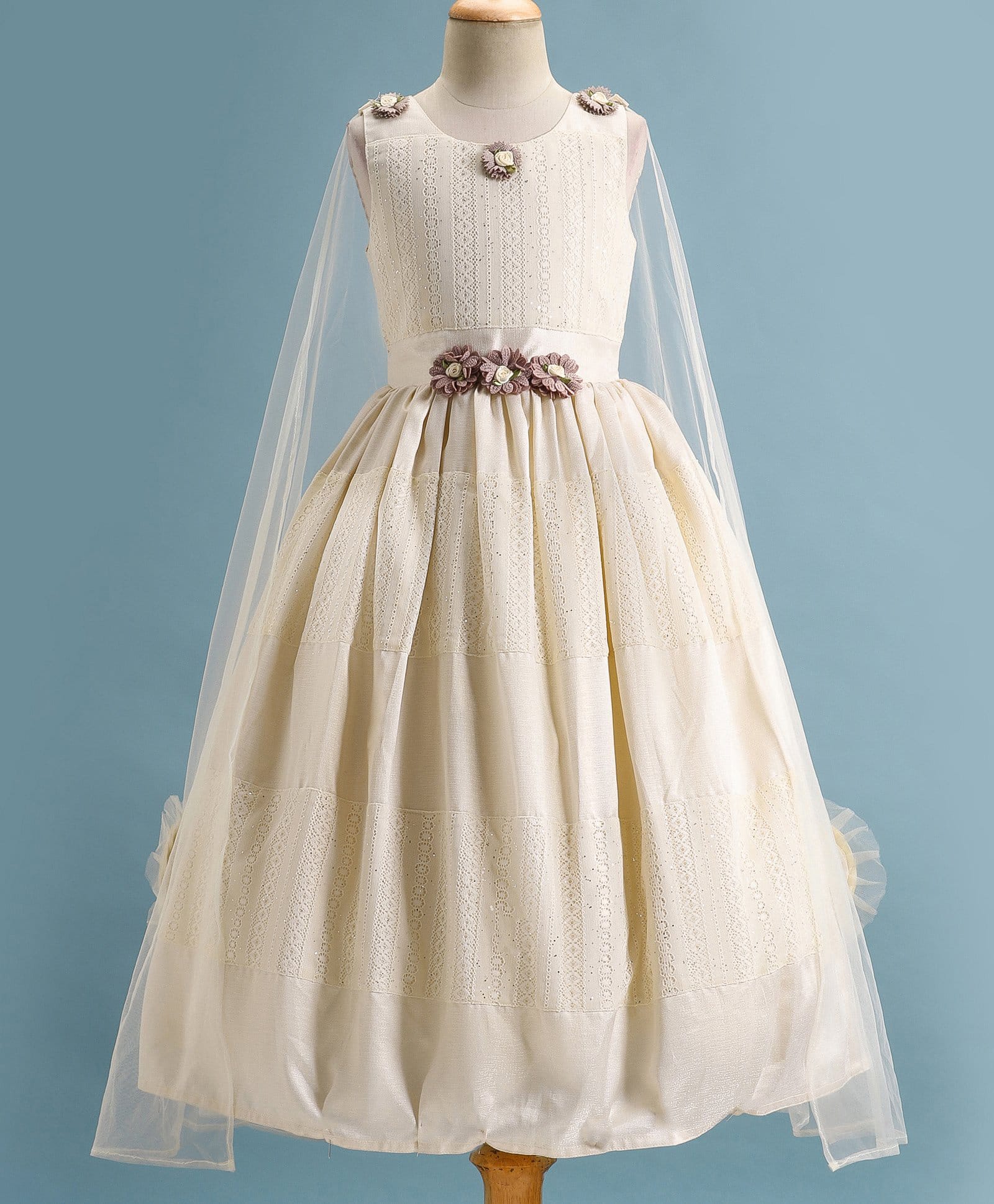 Enfance Net Woven Sleeveless Flower Applique Flared Party Dress -Cream-image-41
